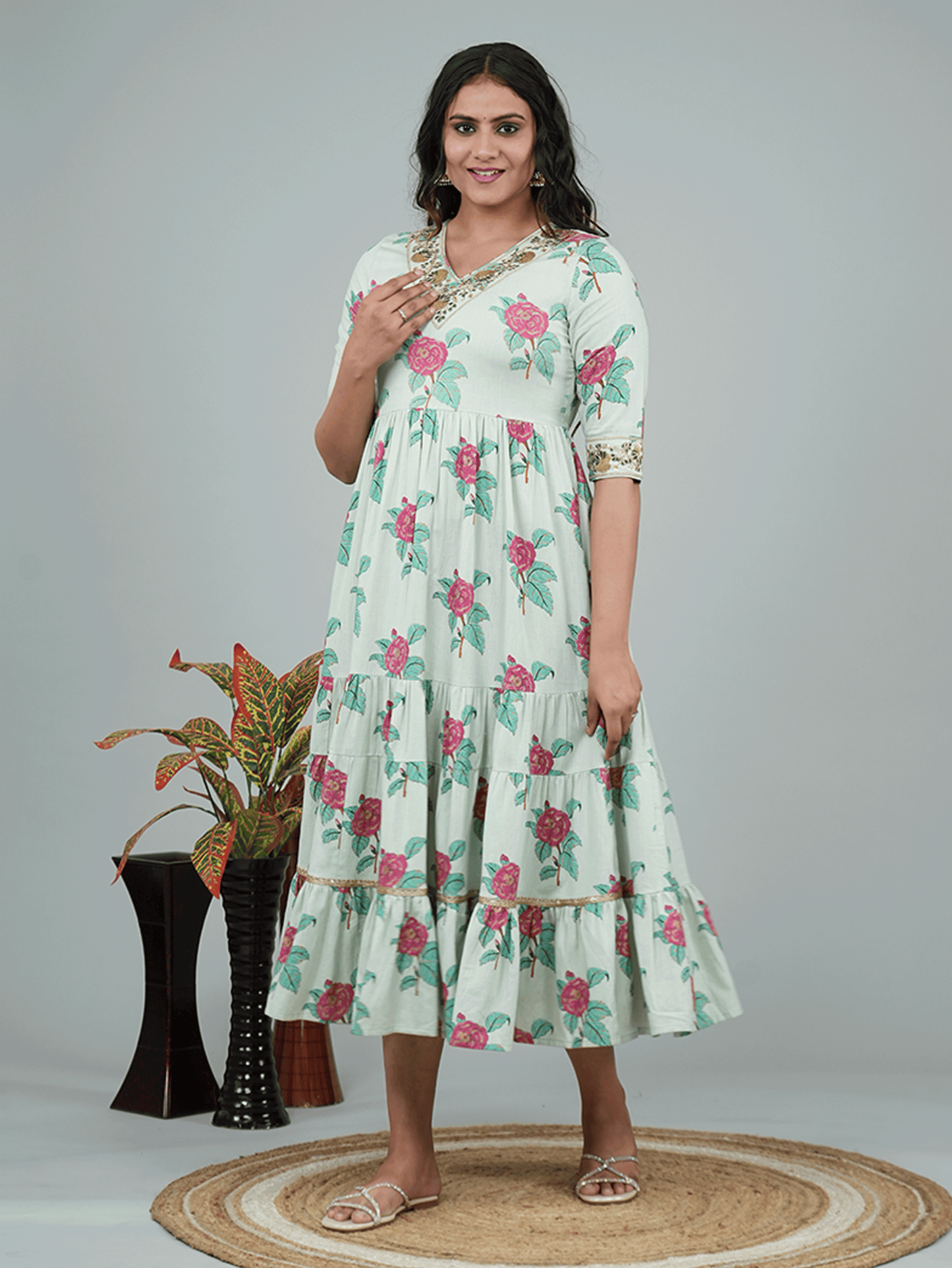 Embroidered Linen Cotton Floral A-line Green Dress