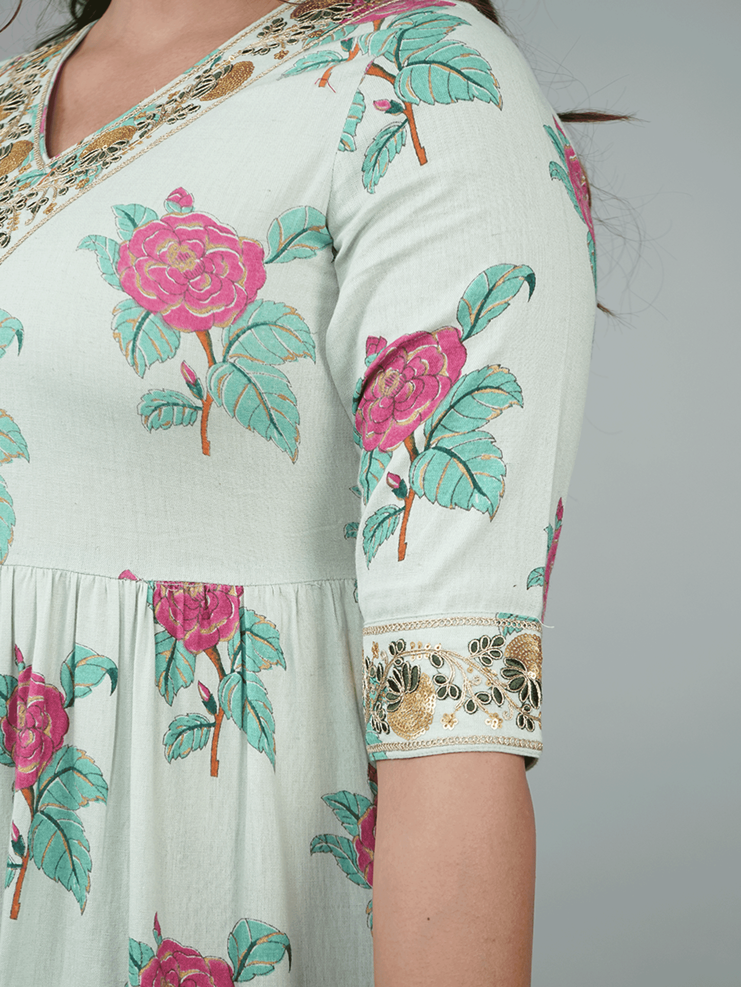 Embroidered Linen Cotton Floral A-line Green Dress