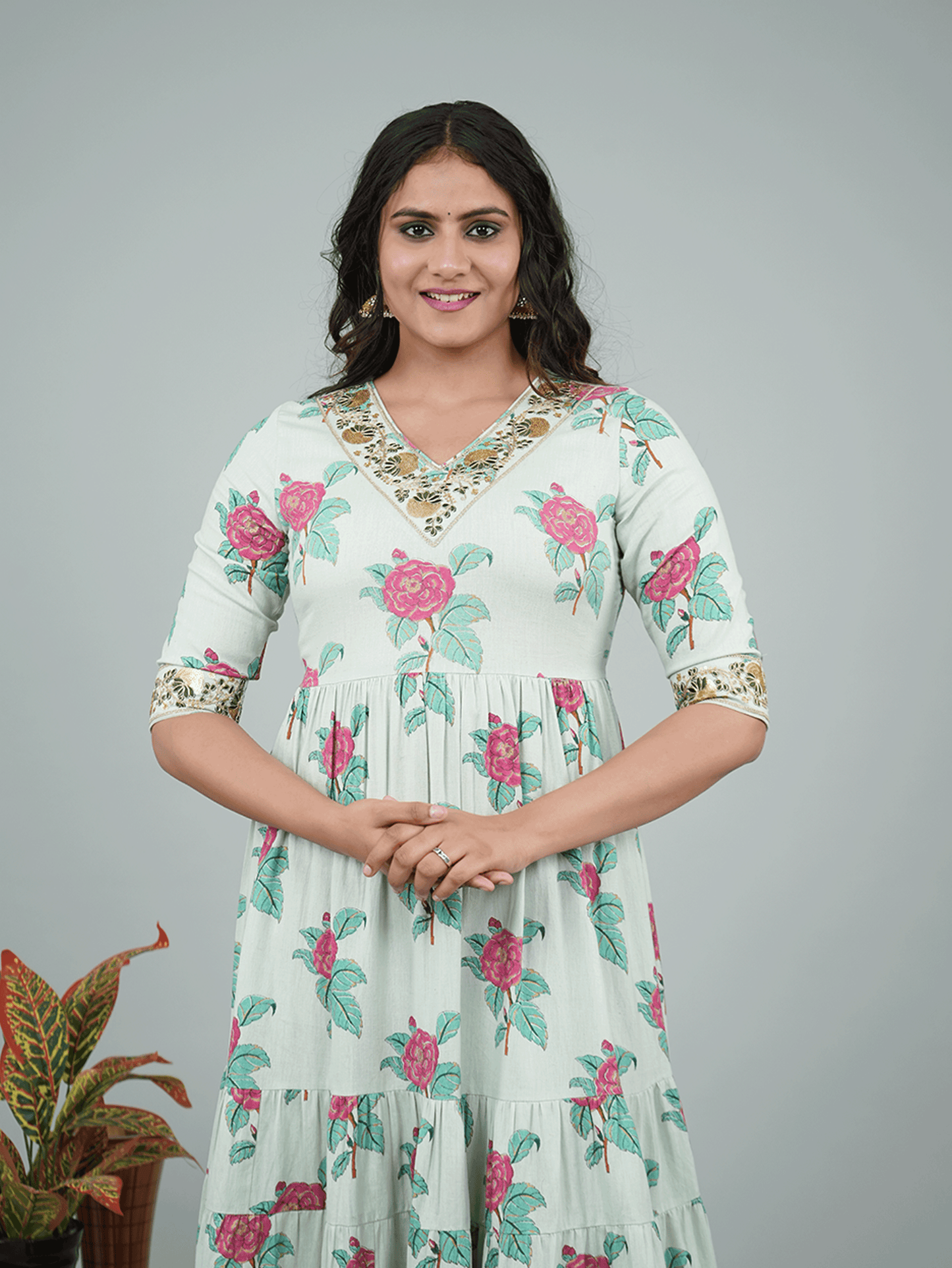 Embroidered Linen Cotton Floral A-line Green Dress