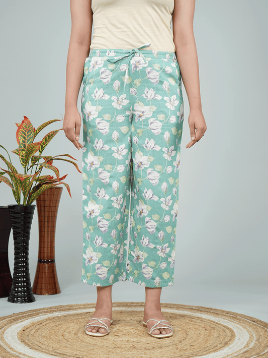 Linen Cotton Floral Green Straight Trousers
