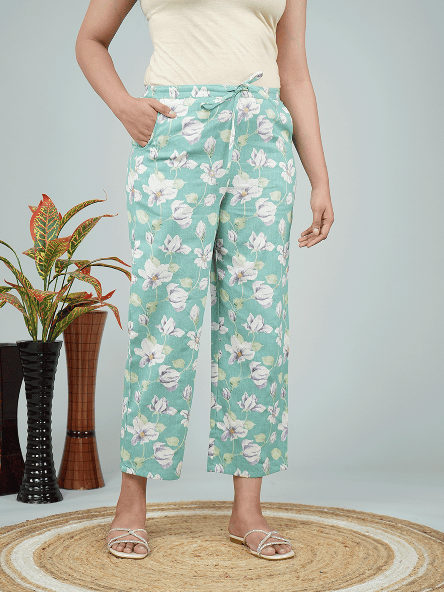 Linen Cotton Floral Green Straight Trousers