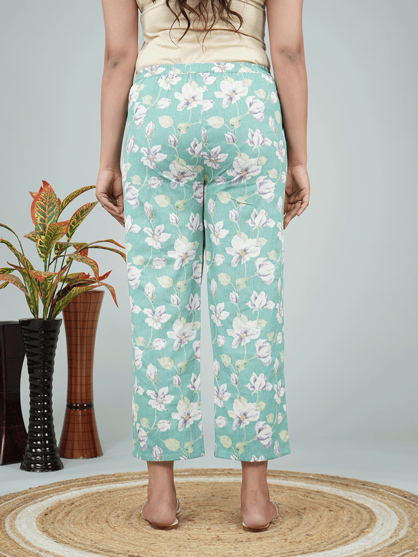 Linen Cotton Floral Green Straight Trousers