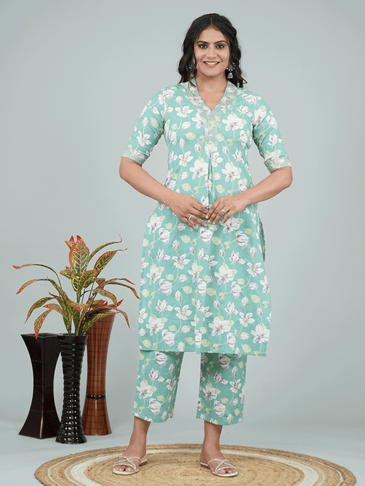 Embroidered Linen Cotton Floral Straight Green Kurta