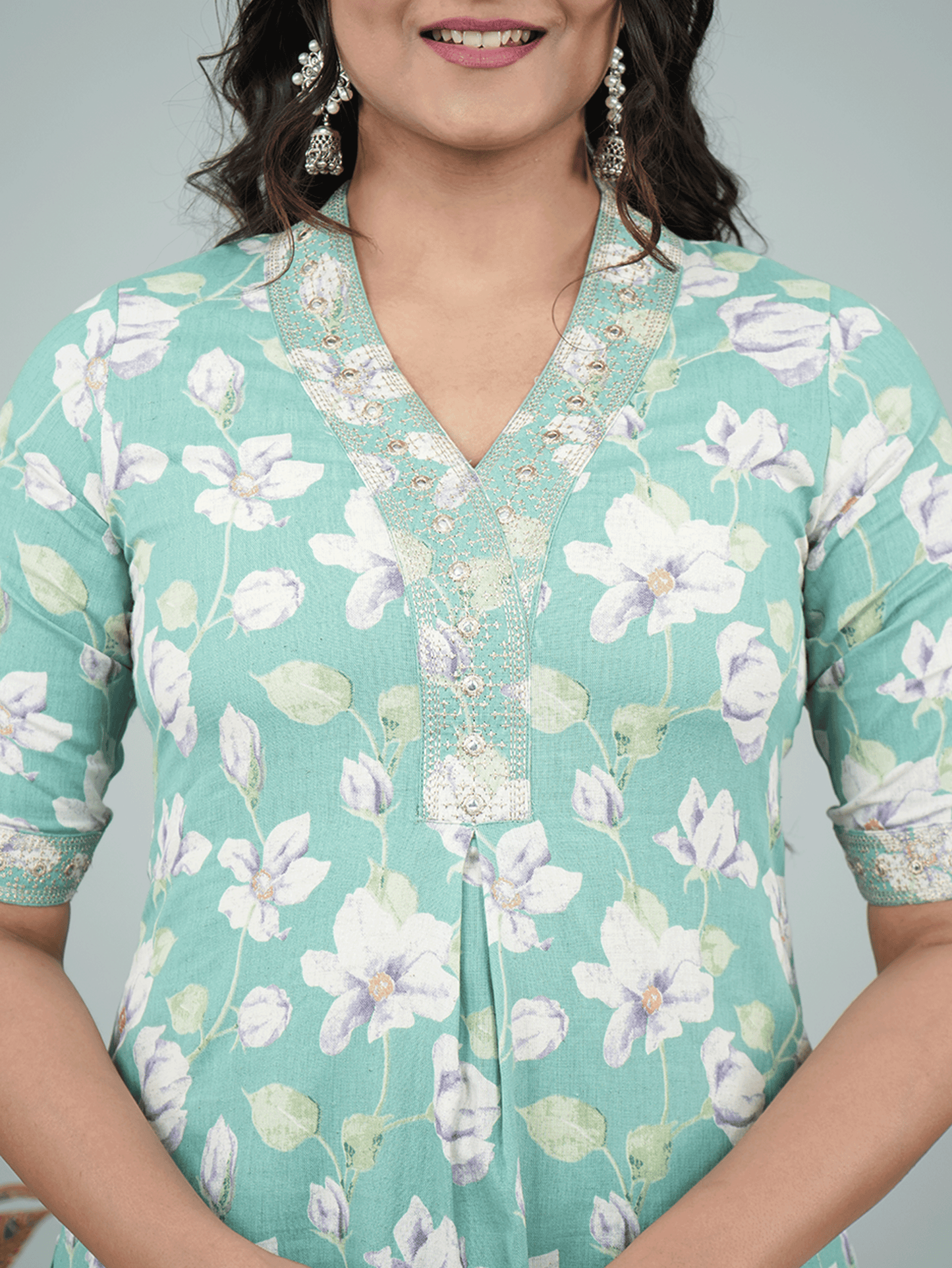 Embroidered Linen Cotton Floral Straight Green Kurta