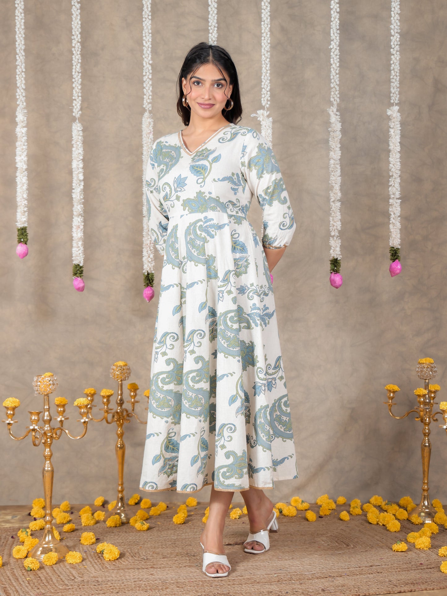 Linen Cotton Paisley Flared Off White Dress