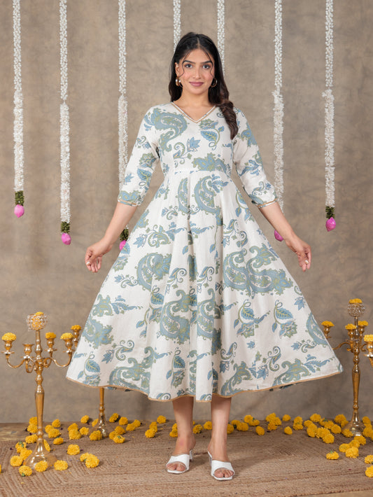 Linen Cotton Paisley Flared Off White Dress