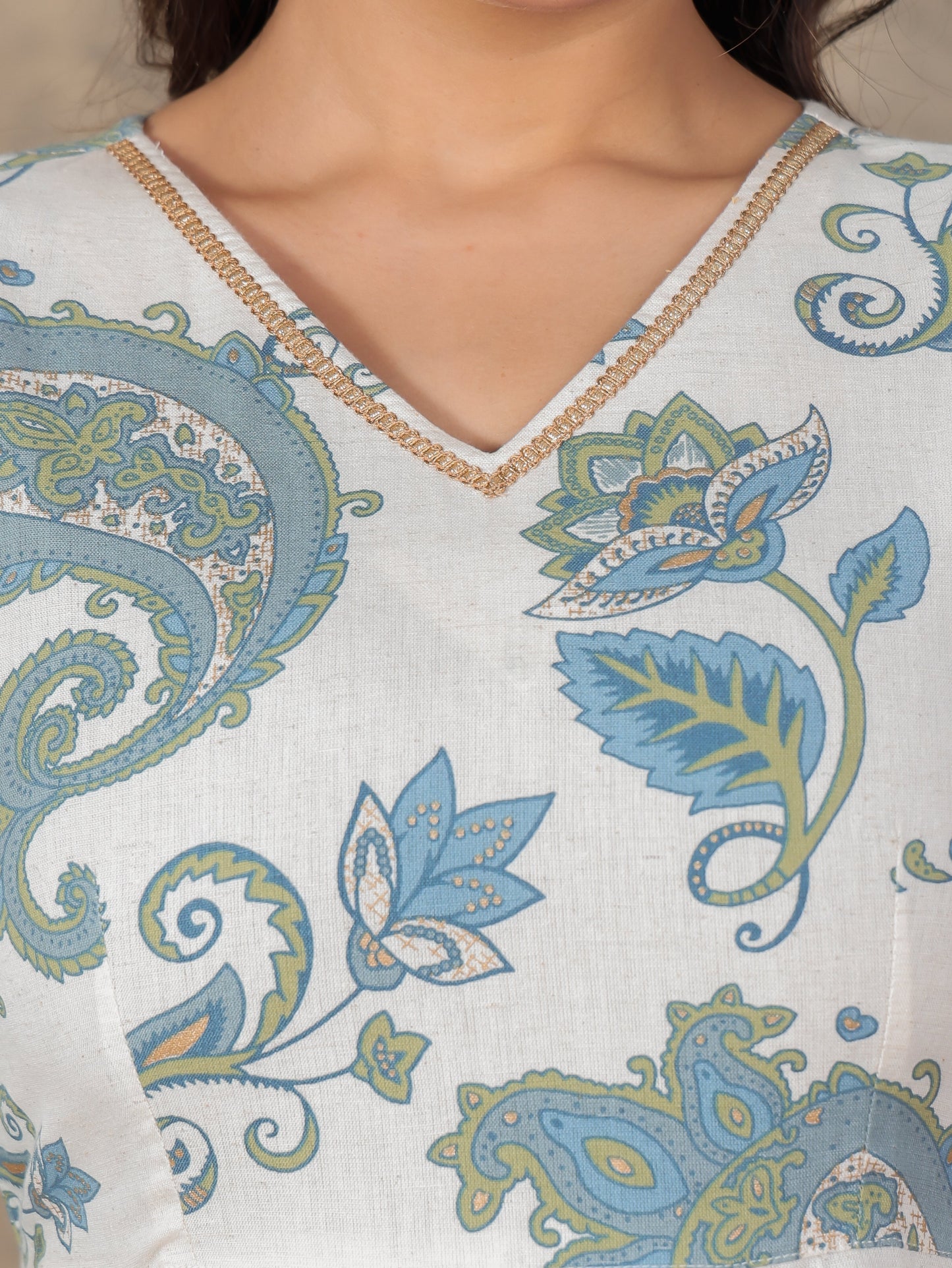 Linen Cotton Paisley Flared Off White Dress