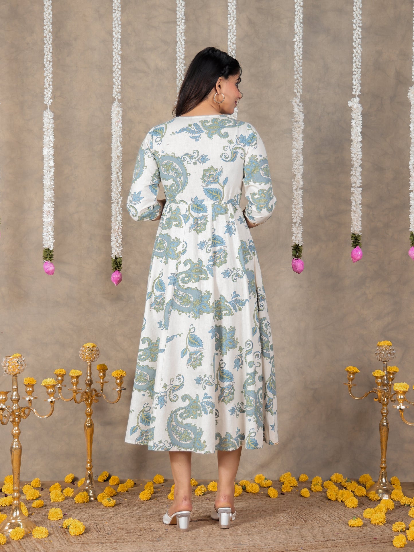 Linen Cotton Paisley Flared Off White Dress