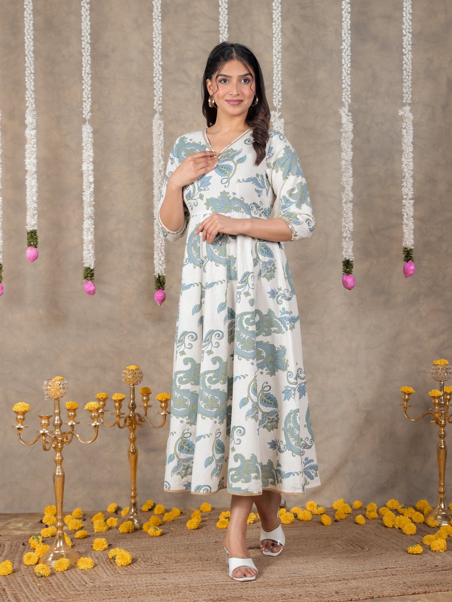 Linen Cotton Paisley Flared Off White Dress