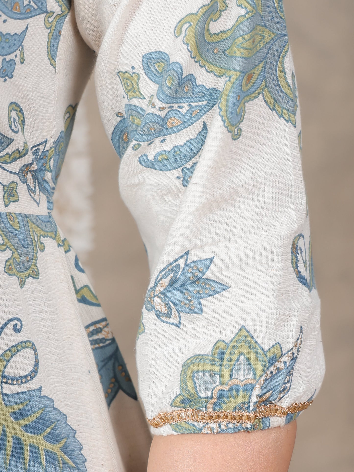 Linen Cotton Paisley Flared Off White Dress