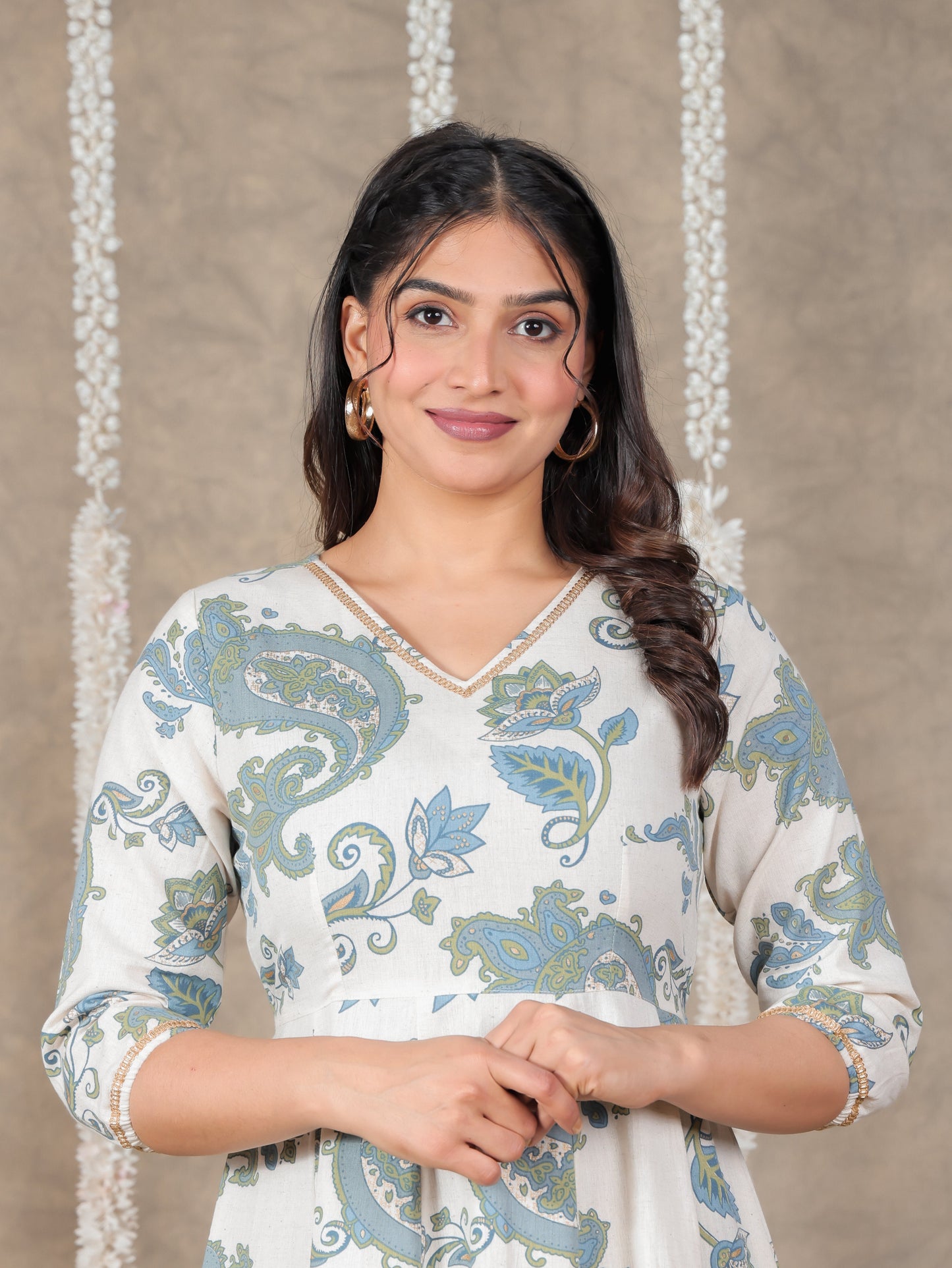 Linen Cotton Paisley Flared Off White Dress