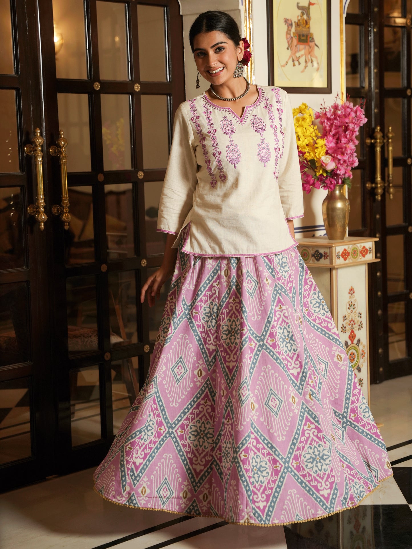 Embroidered Linen Cotton Solid Straight Off White Kurta