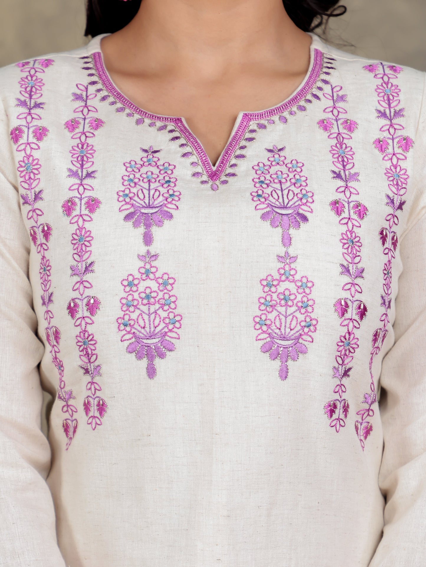 Embroidered Linen Cotton Solid Straight Off White Kurta