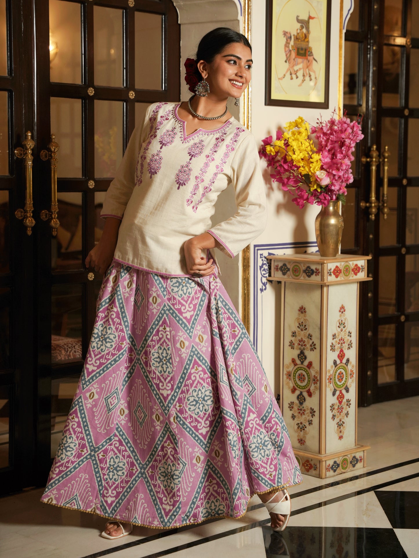 Embroidered Linen Cotton Solid Straight Off White Kurta