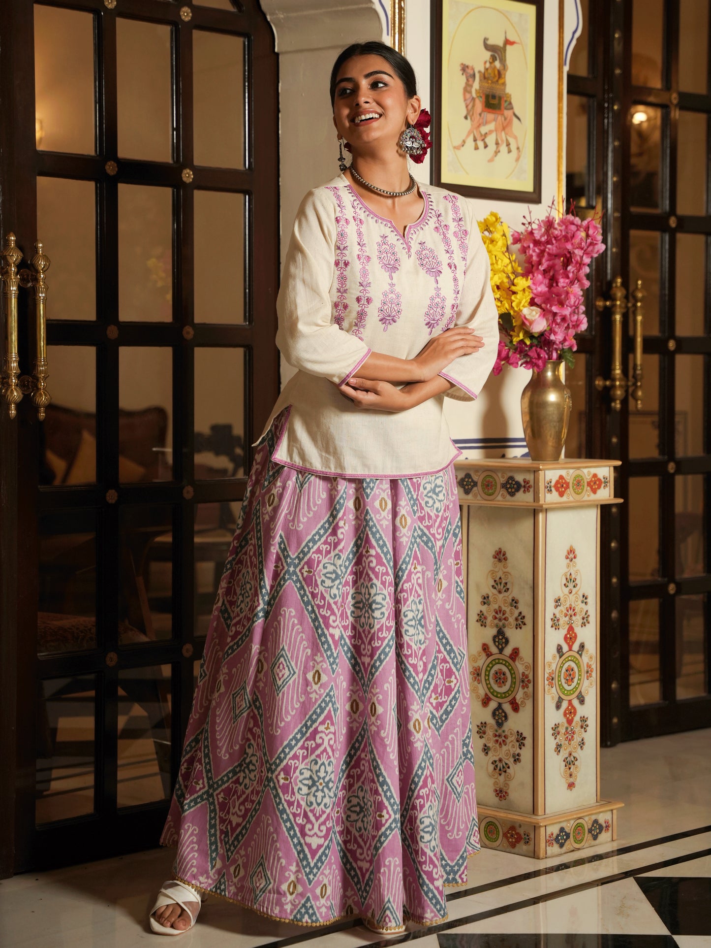 Embroidered Linen Cotton Solid Straight Off White Kurta