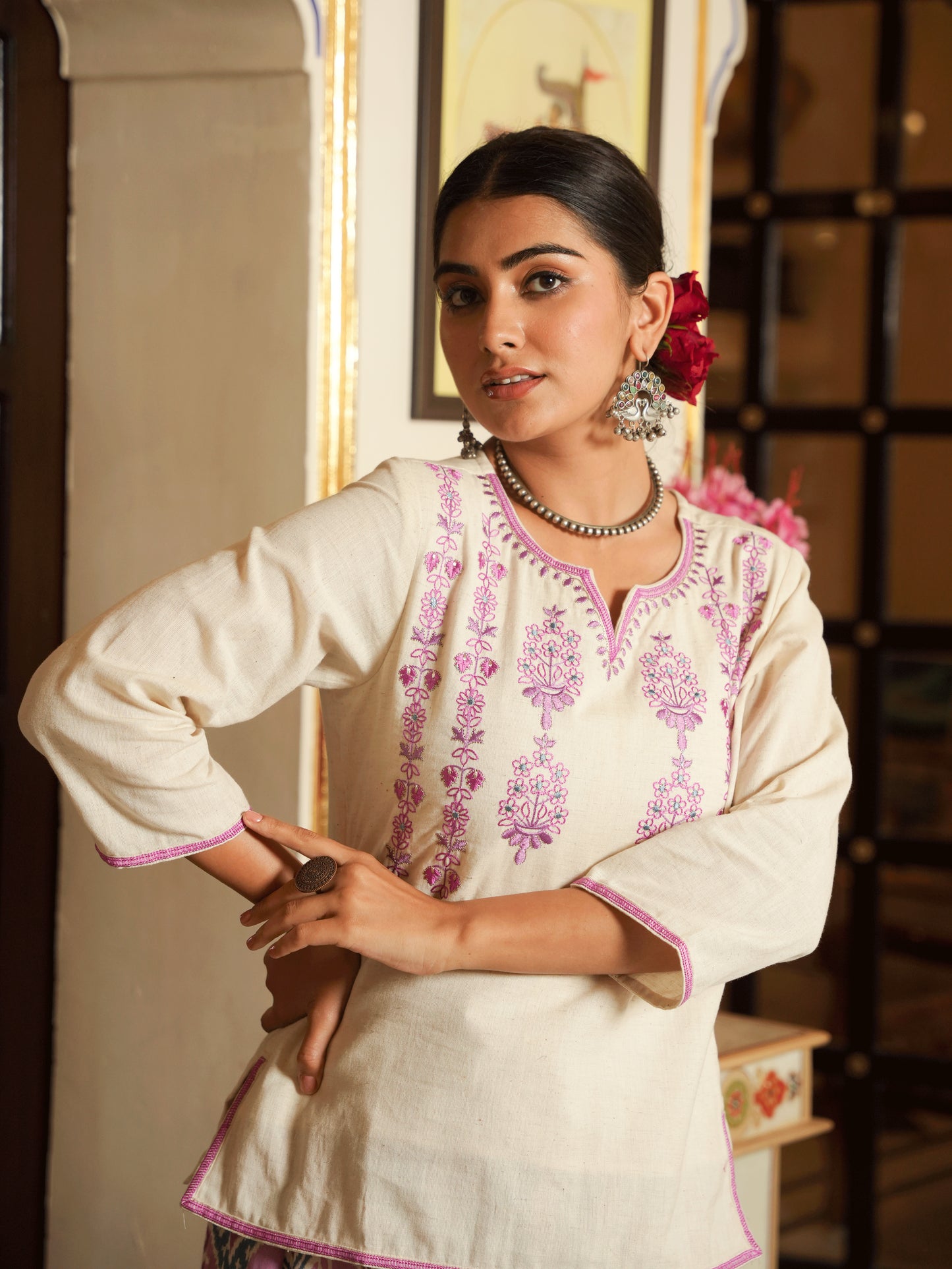 Embroidered Linen Cotton Solid Straight Off White Kurta