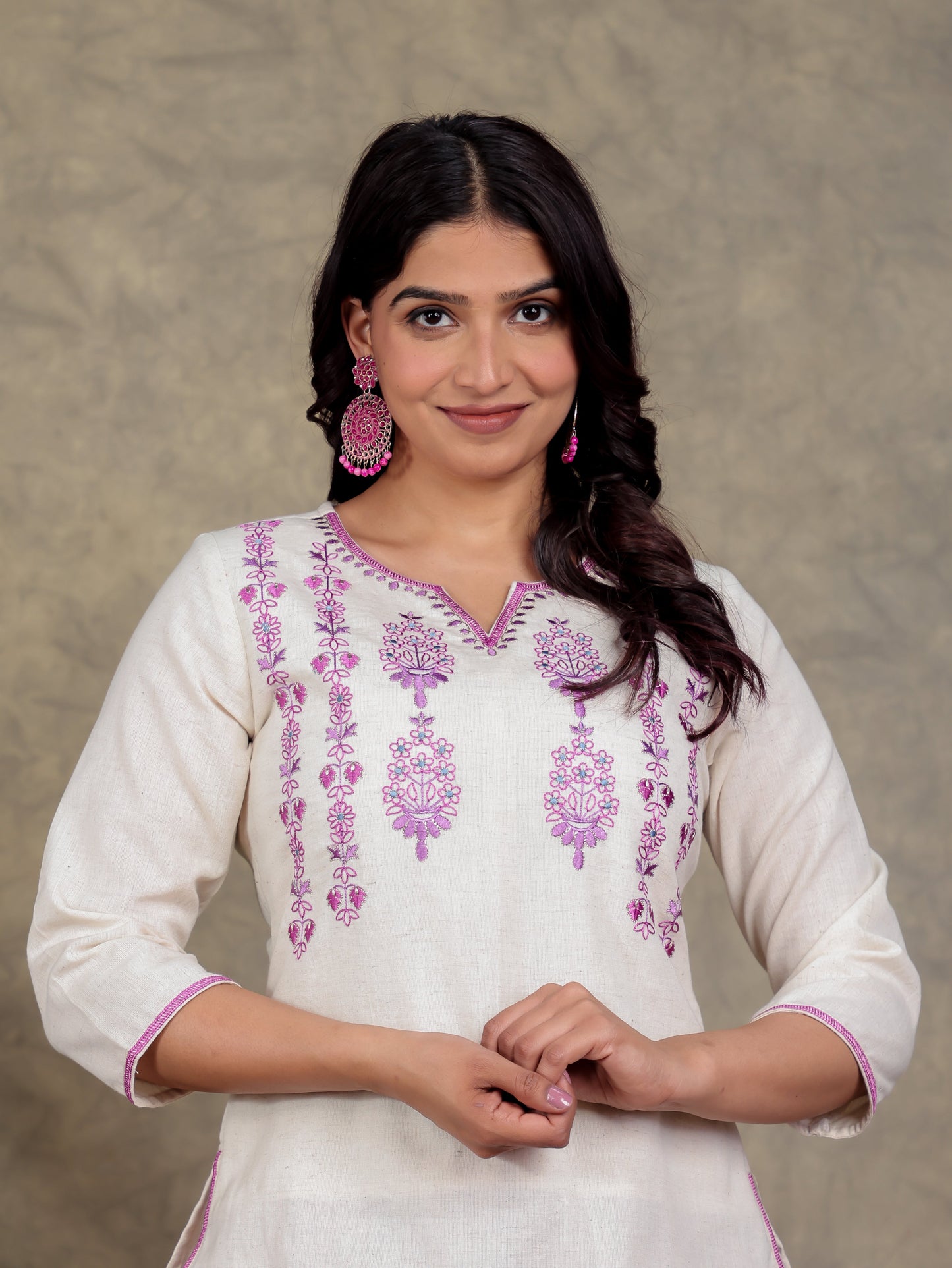 Embroidered Linen Cotton Solid Straight Off White Kurta