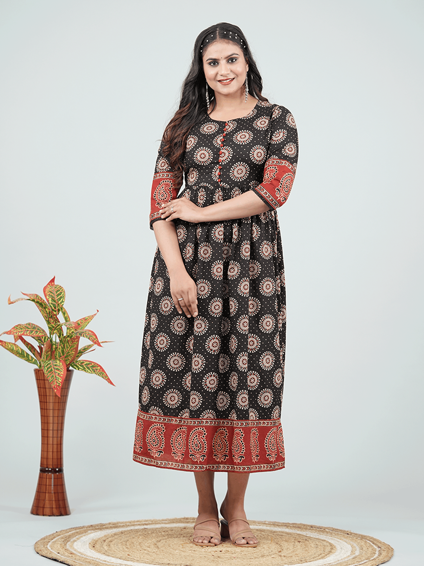 Soft Cotton Ajrakh A-line Black Dress