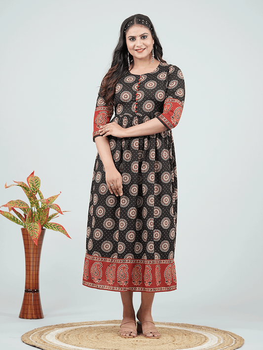 Soft Cotton Ajrakh A-line Black Dress