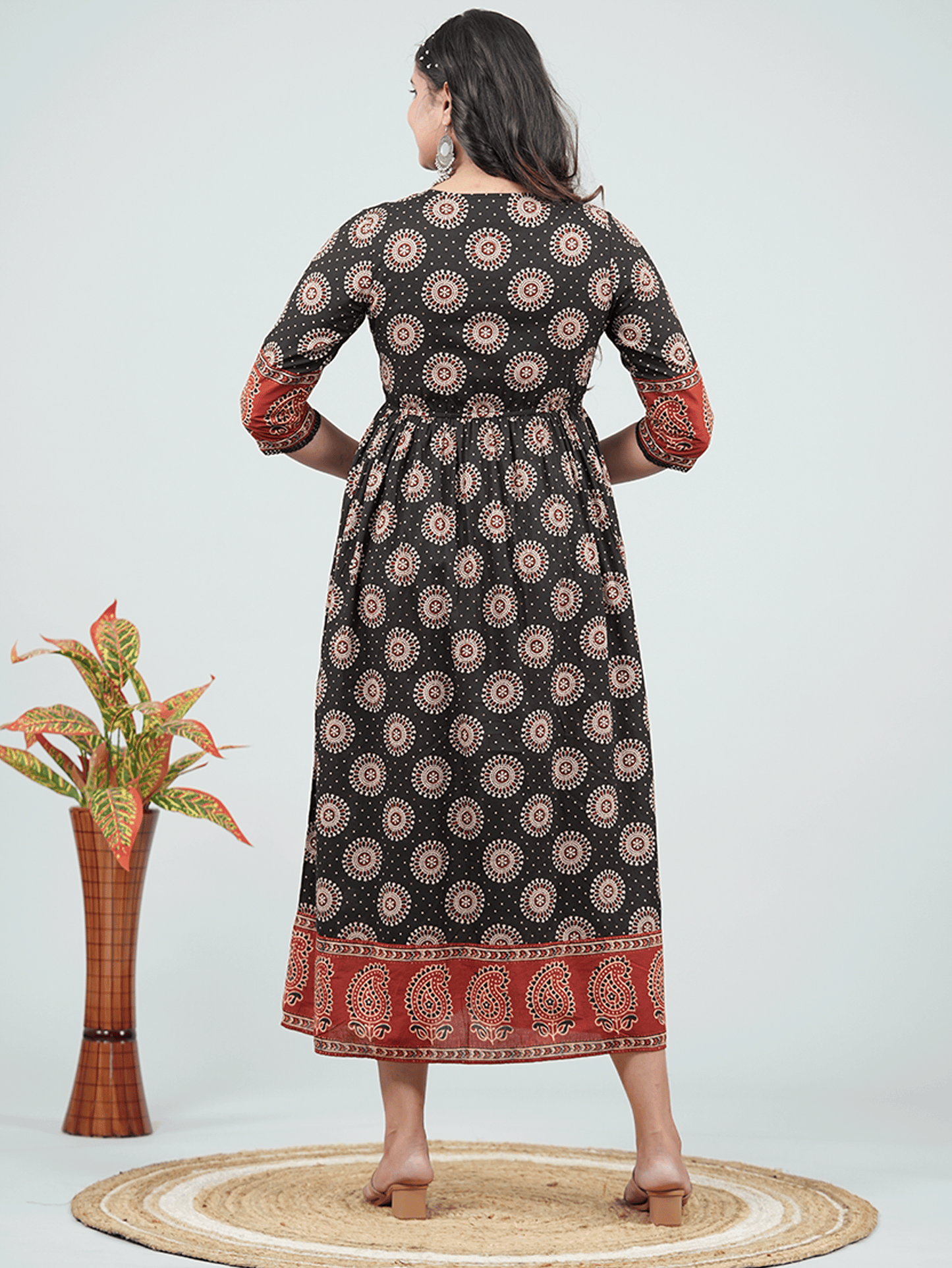 Soft Cotton Ajrakh A-line Black Dress