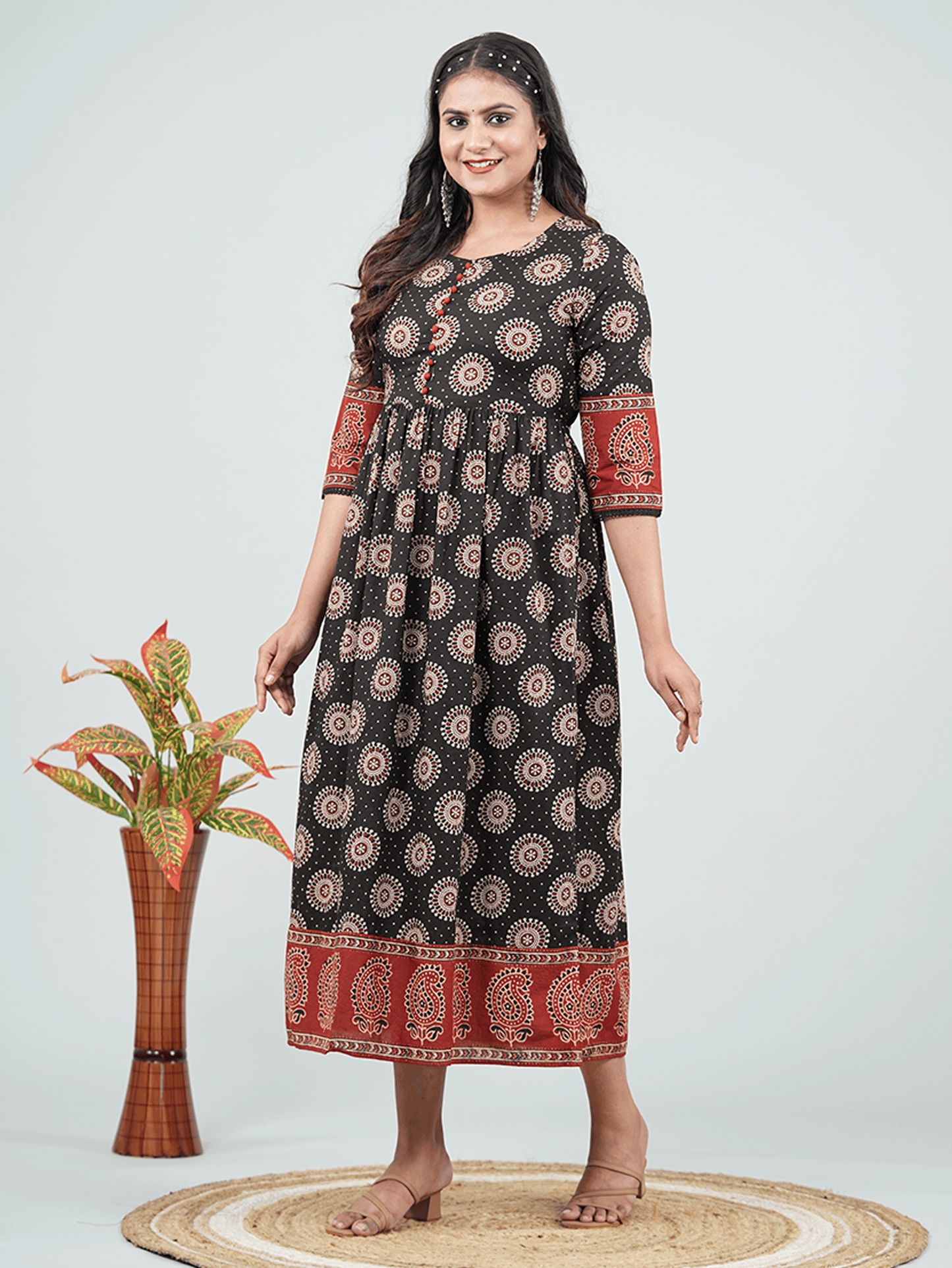 Soft Cotton Ajrakh A-line Black Dress