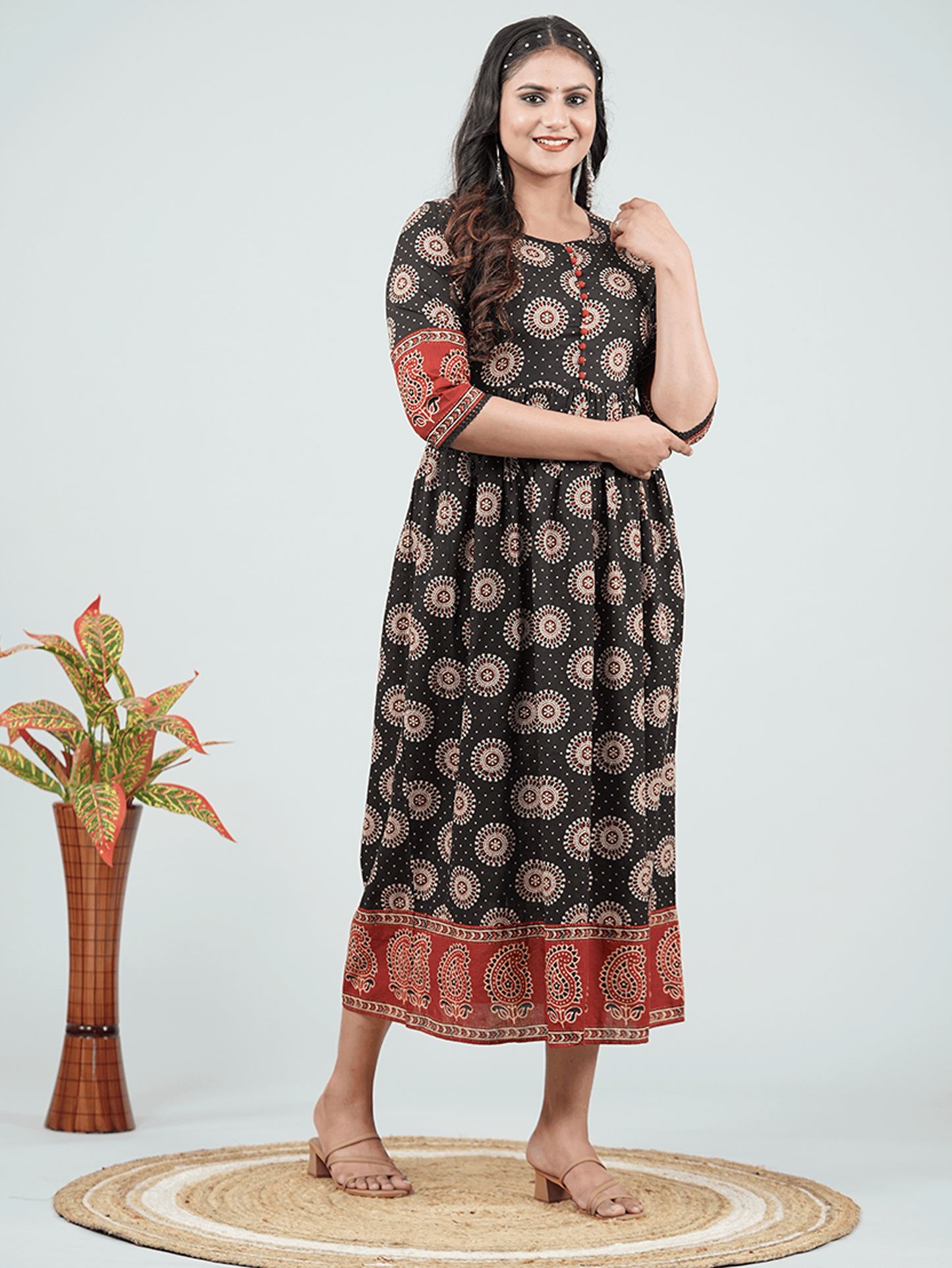Soft Cotton Ajrakh A-line Black Dress