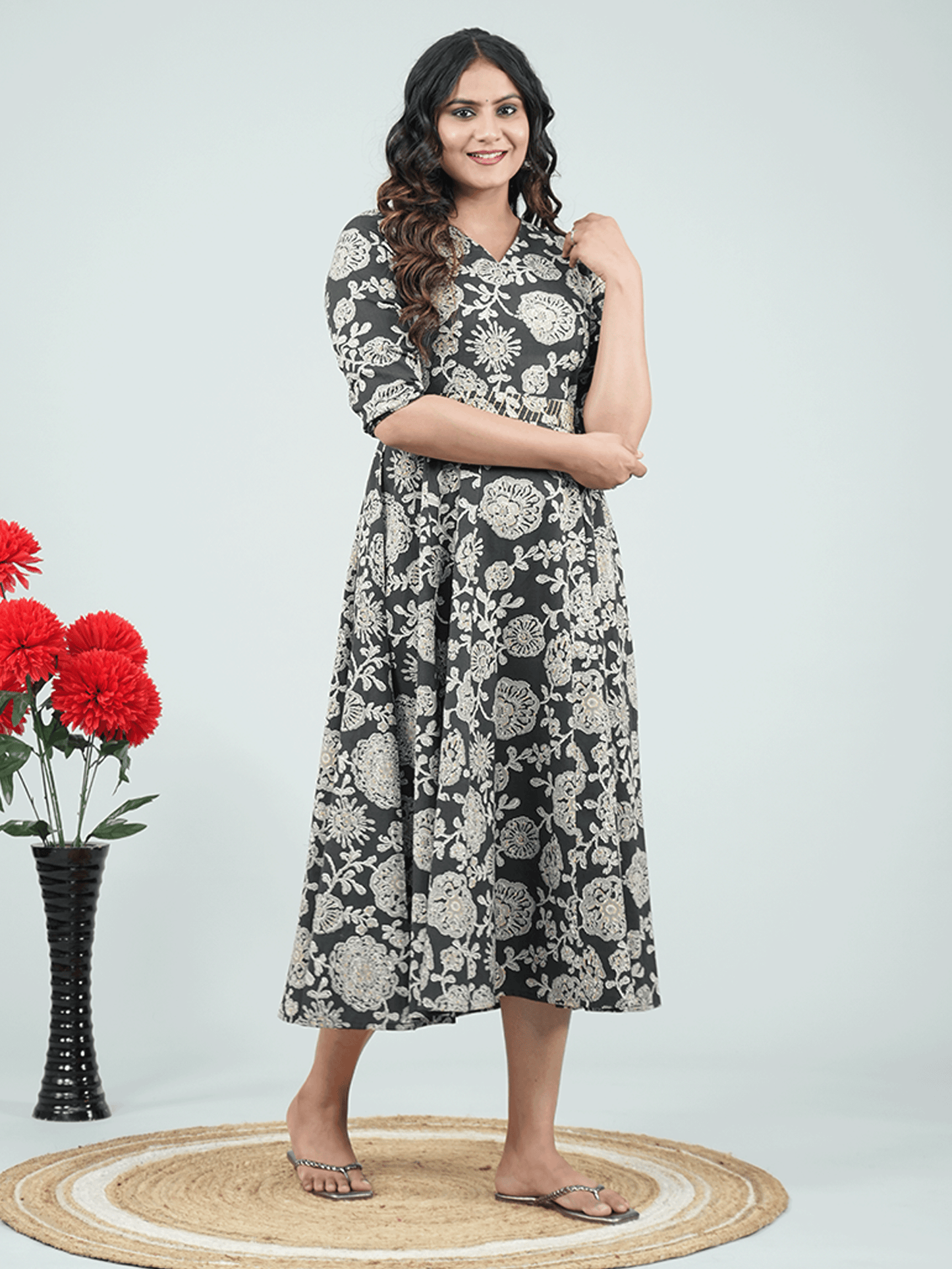 Embroidered Linen Cotton Floral Flared Black Dress