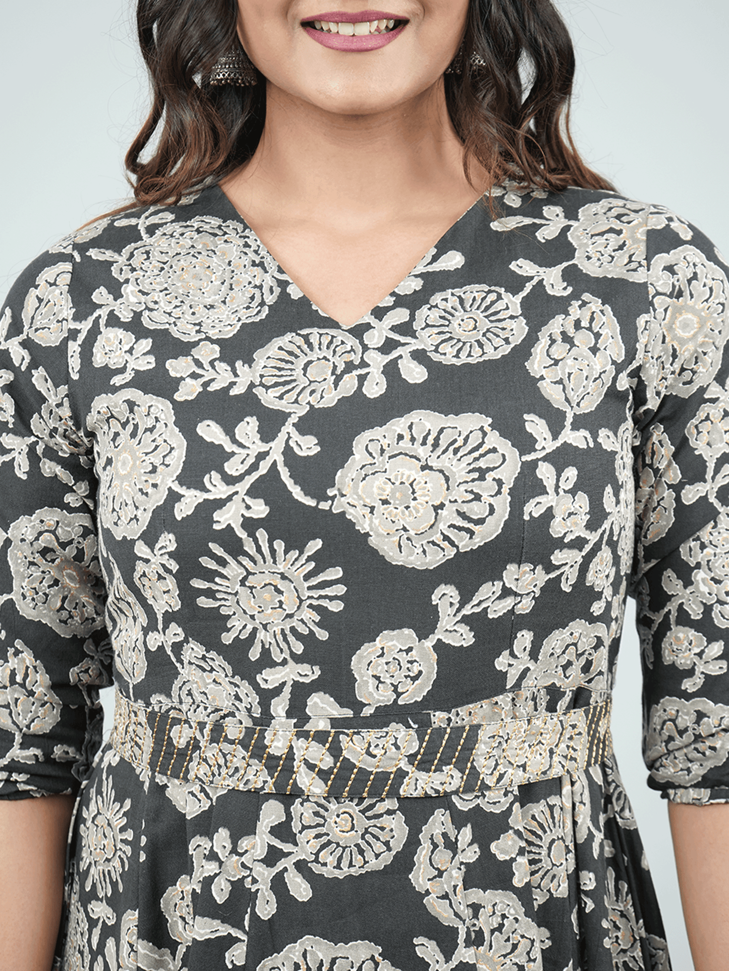 Embroidered Linen Cotton Floral Flared Black Dress
