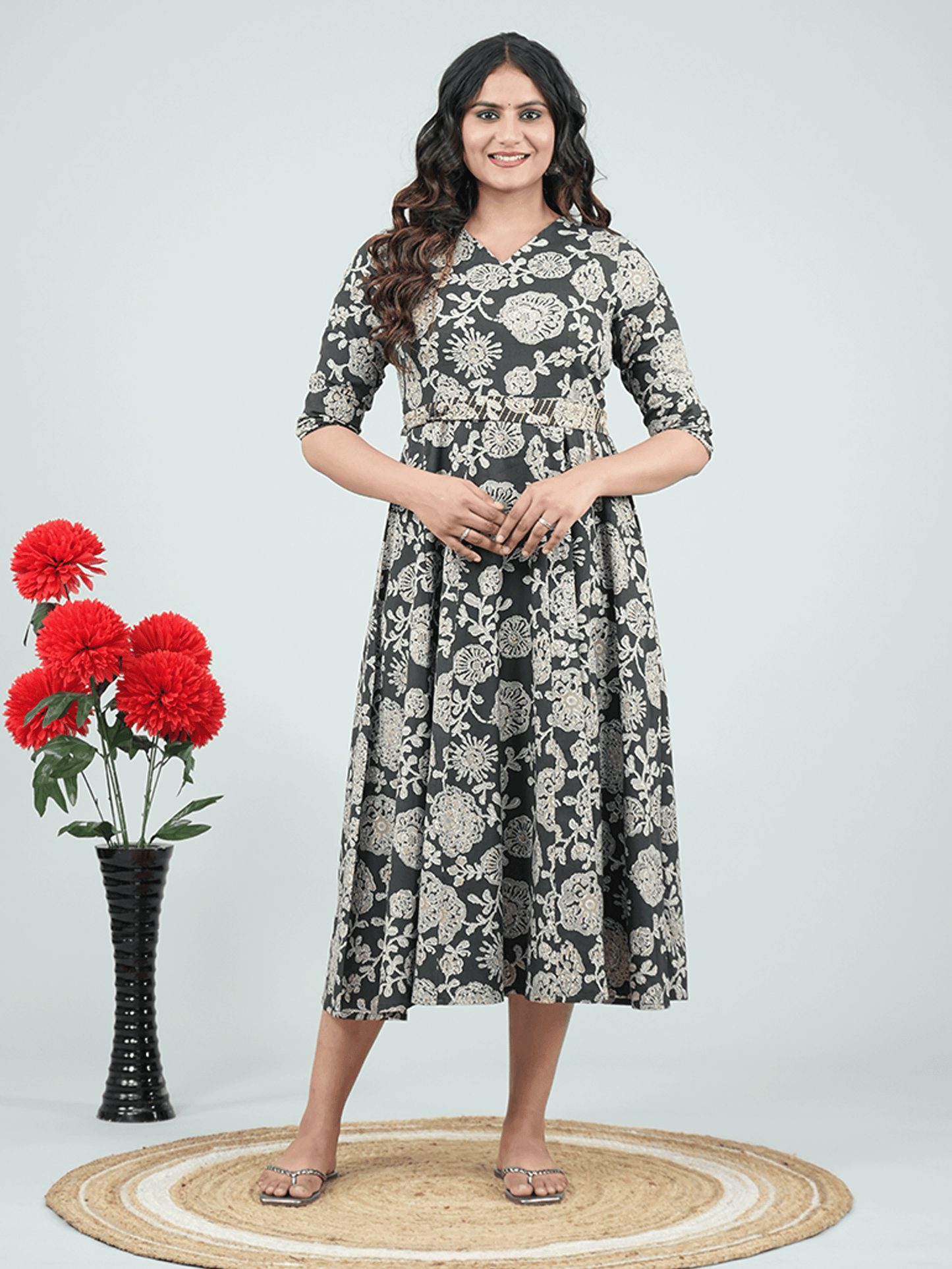 Embroidered Linen Cotton Floral Flared Black Dress