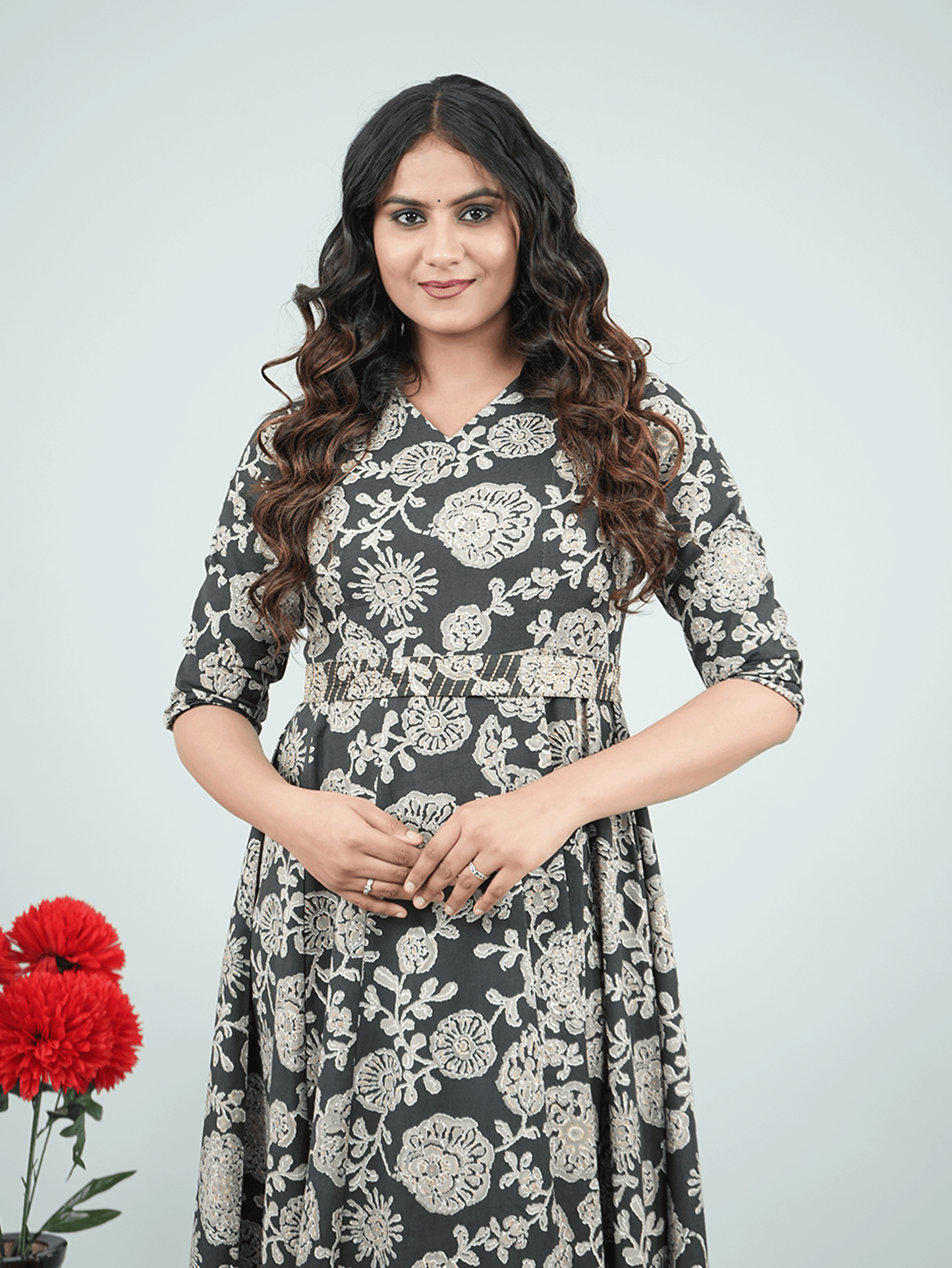 Embroidered Linen Cotton Floral Flared Black Dress
