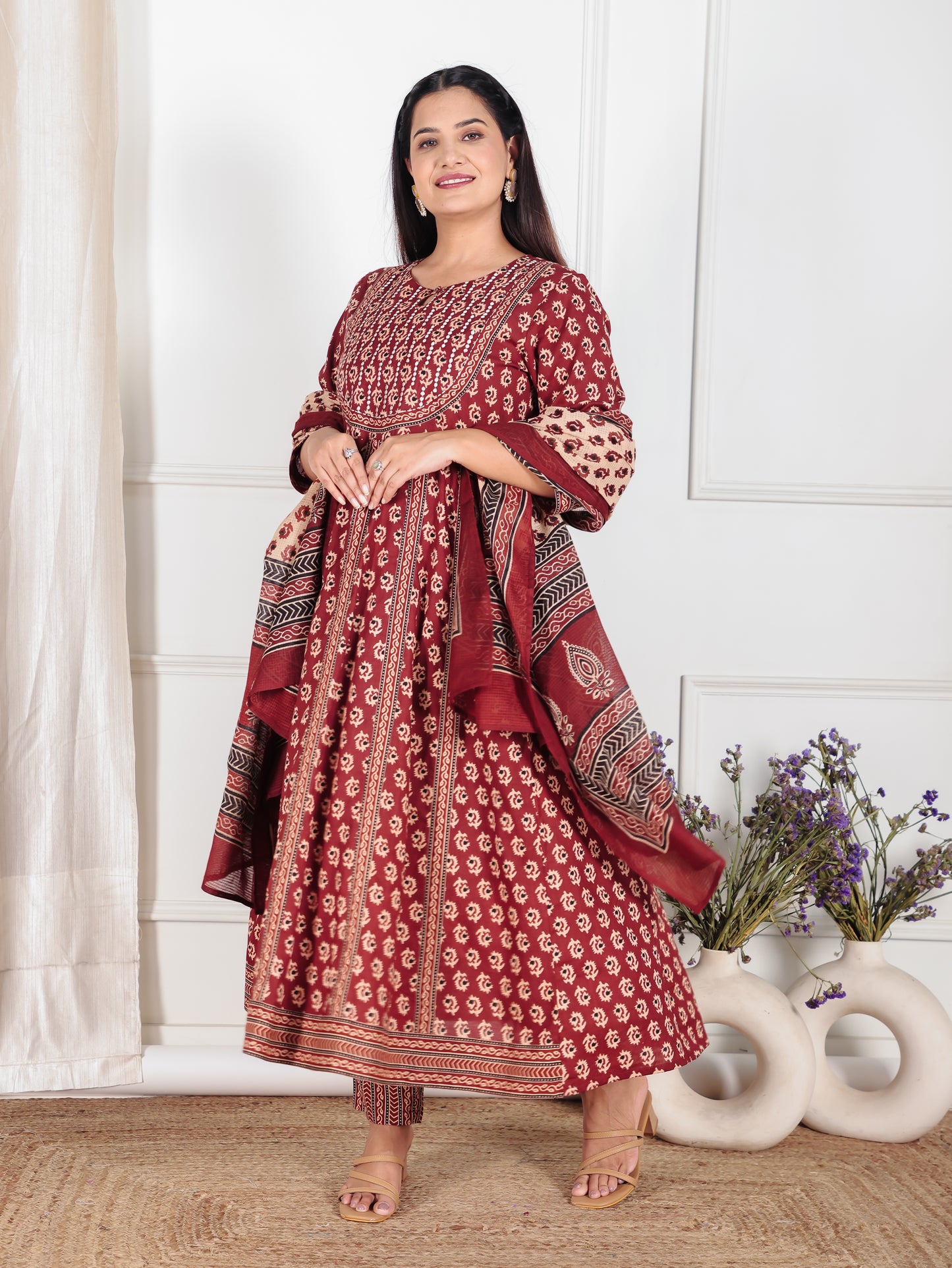 Embroidered Soft Cotton Ajrakh Anarkali Red Kurta