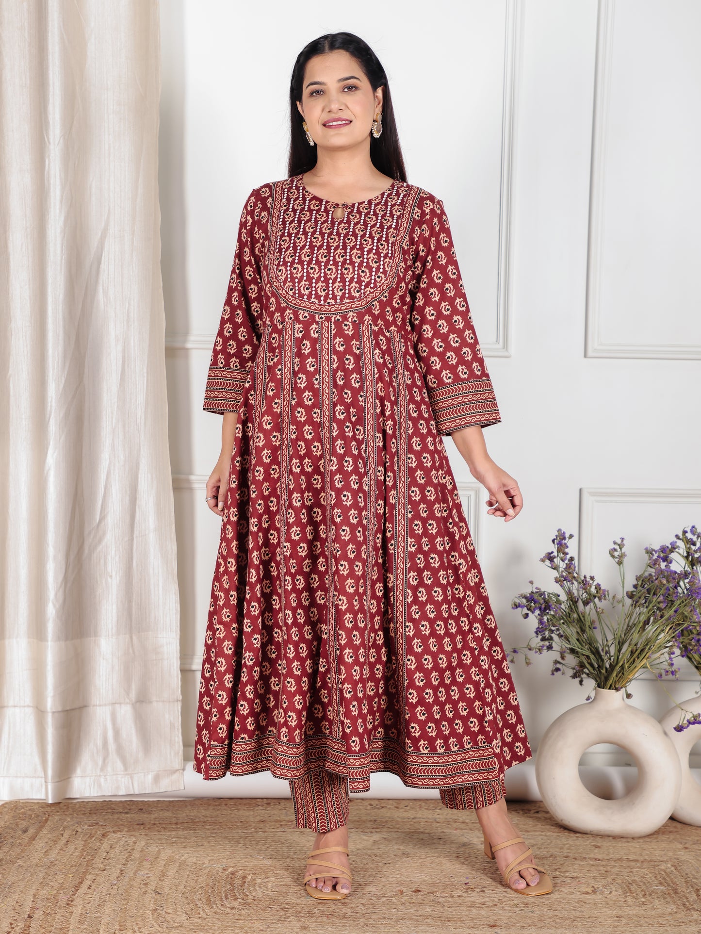Embroidered Soft Cotton Ajrakh Anarkali Red Kurta