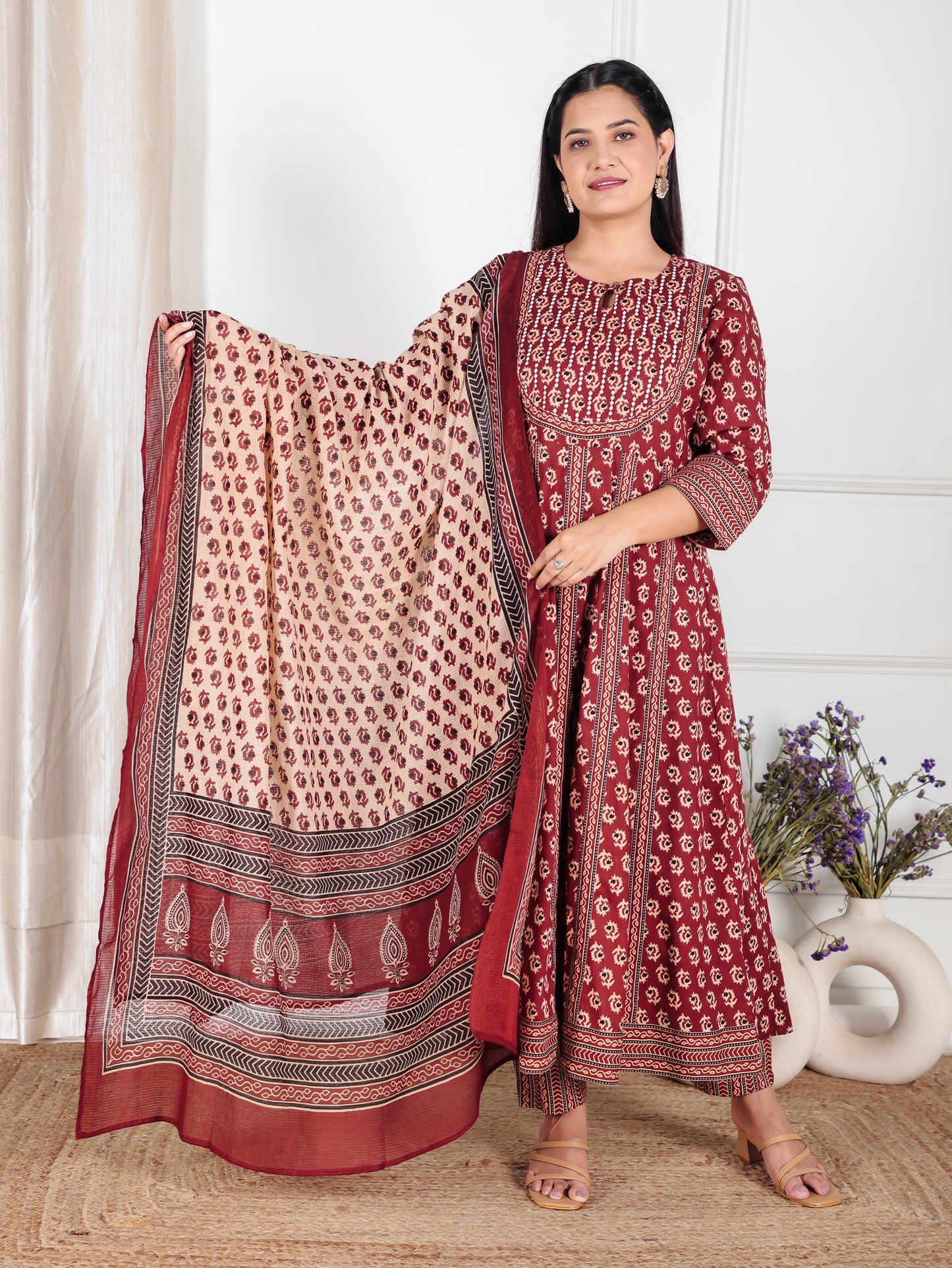 Embroidered Soft Cotton Ajrakh Anarkali Red Kurta