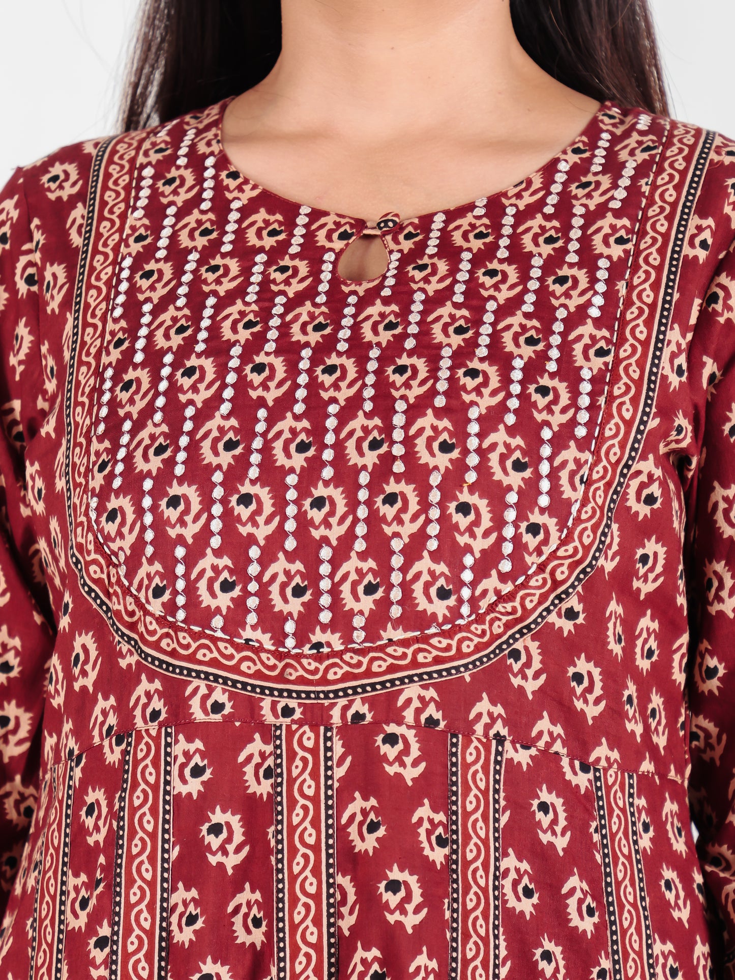 Embroidered Soft Cotton Ajrakh Anarkali Red Kurta