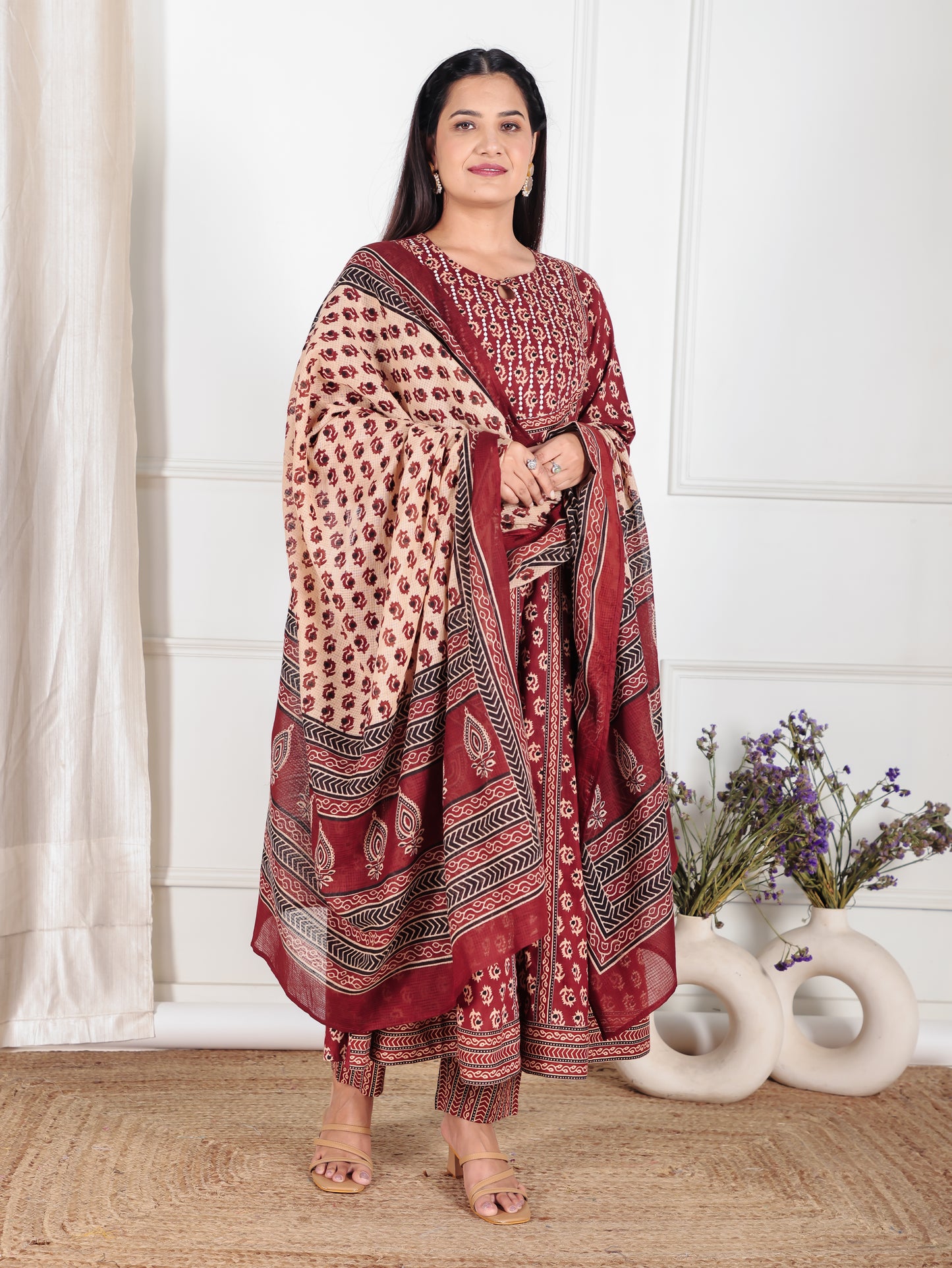 Embroidered Soft Cotton Ajrakh Anarkali Red Kurta