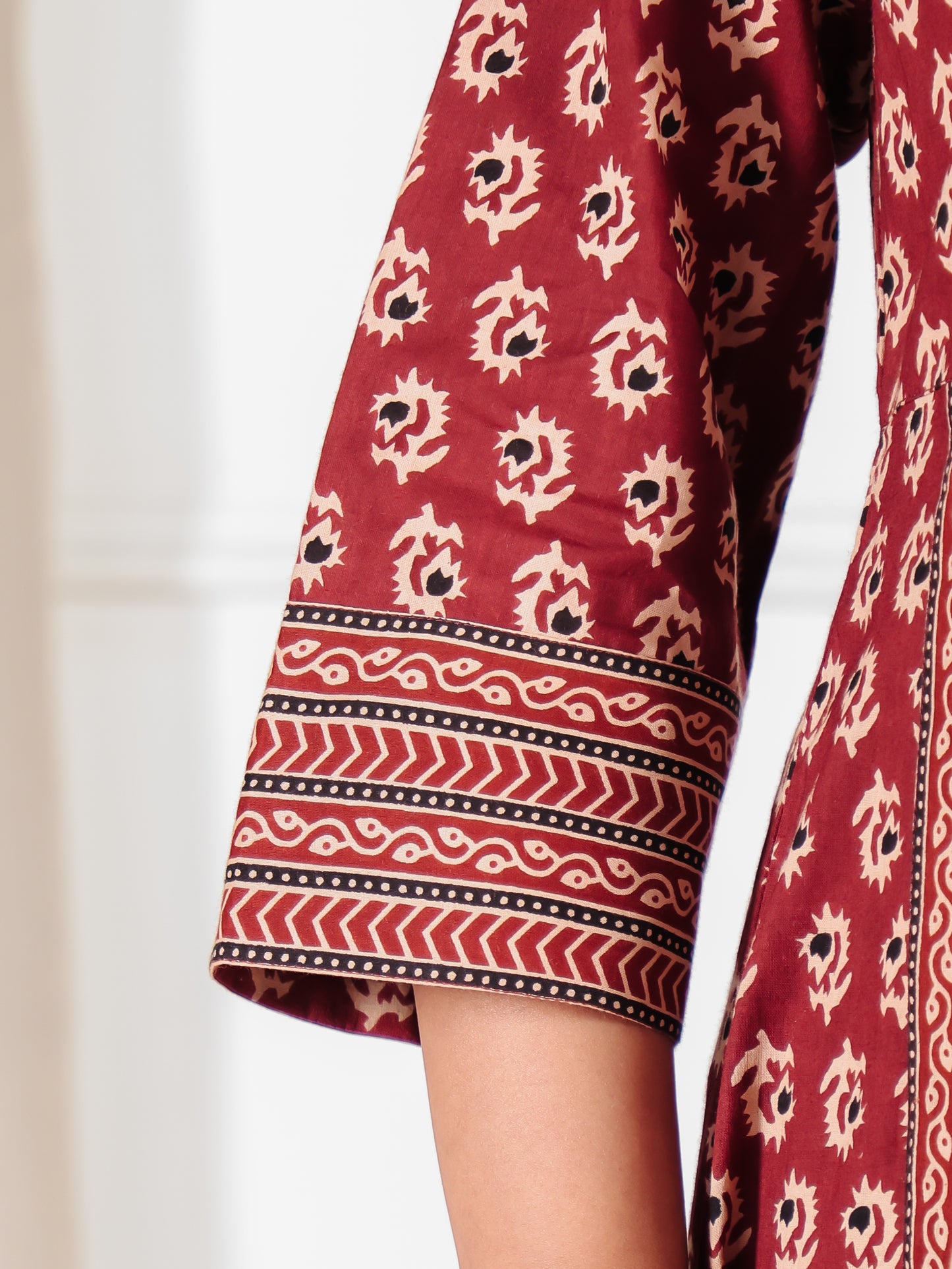 Embroidered Soft Cotton Ajrakh Anarkali Red Kurta