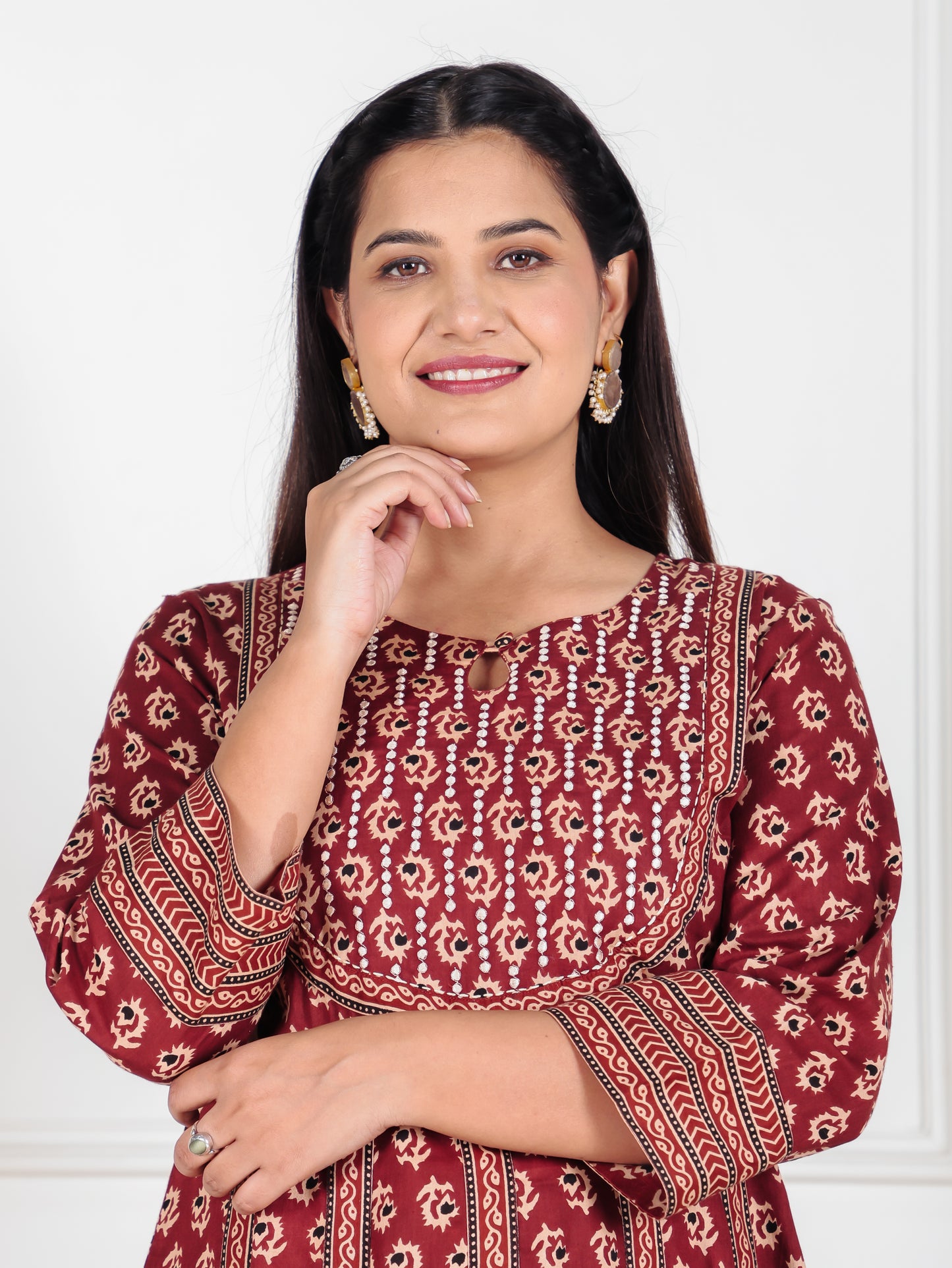 Embroidered Soft Cotton Ajrakh Anarkali Red Kurta