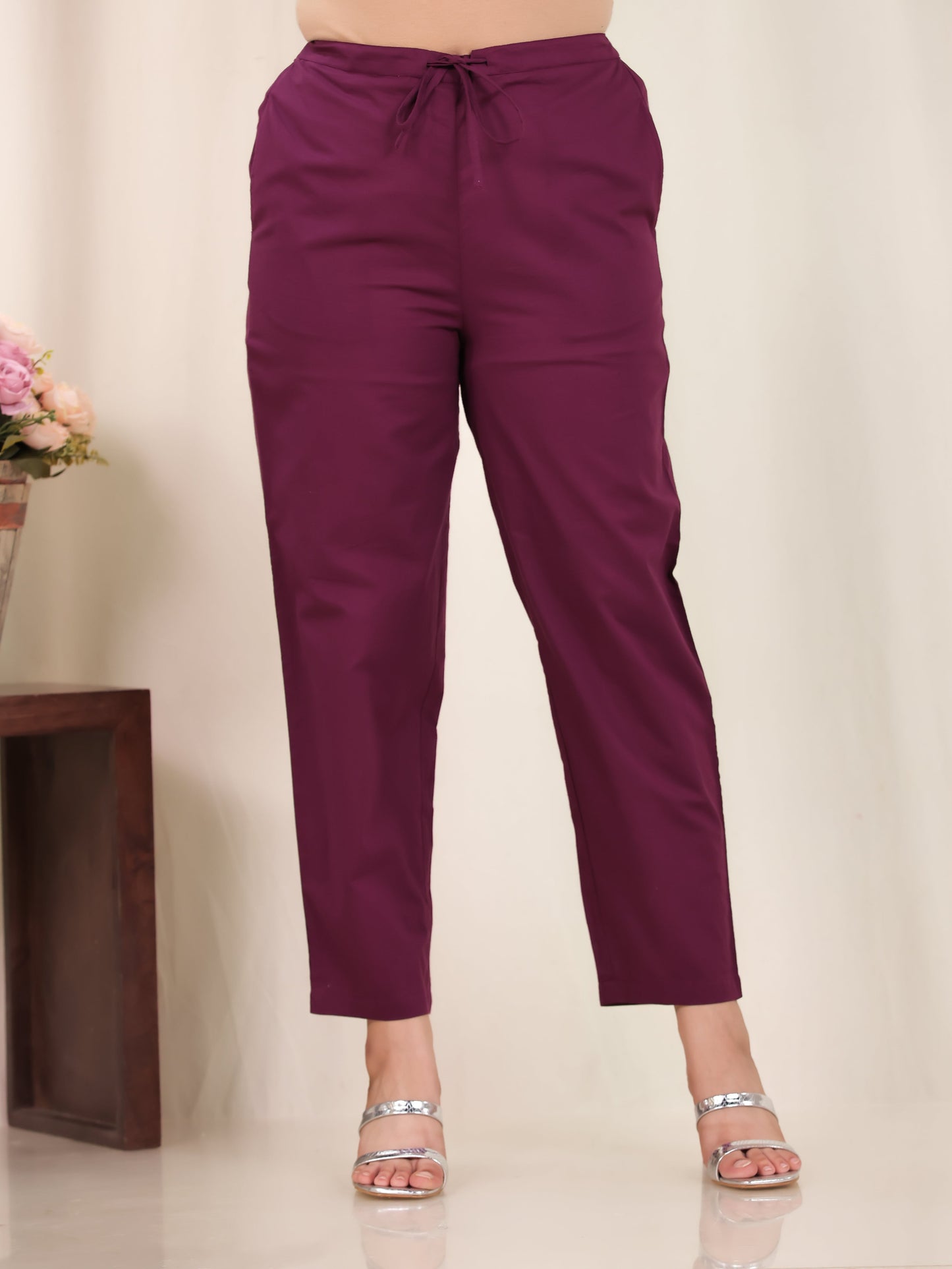 Soft Cotton Solid Purple Tapered Tapered Trousers