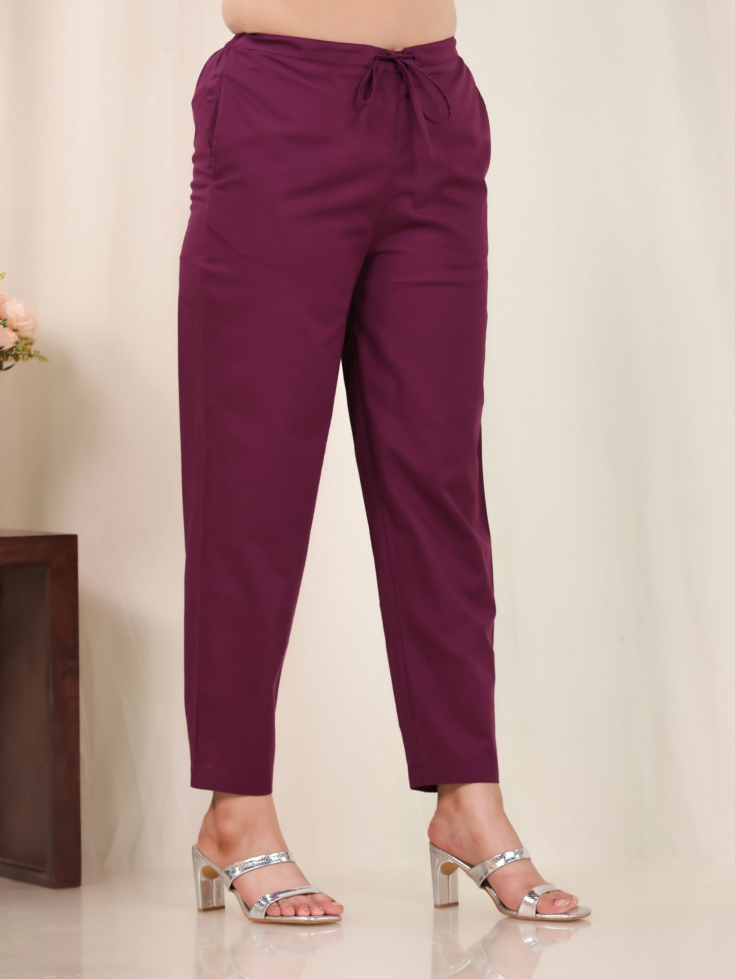 Soft Cotton Solid Purple Tapered Tapered Trousers