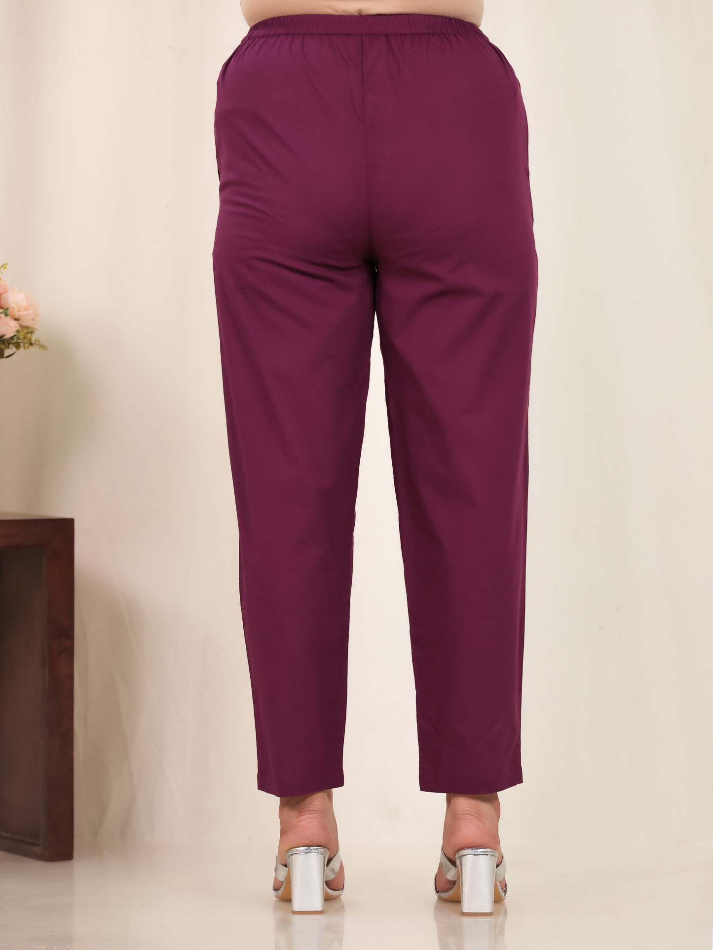Soft Cotton Solid Purple Tapered Tapered Trousers