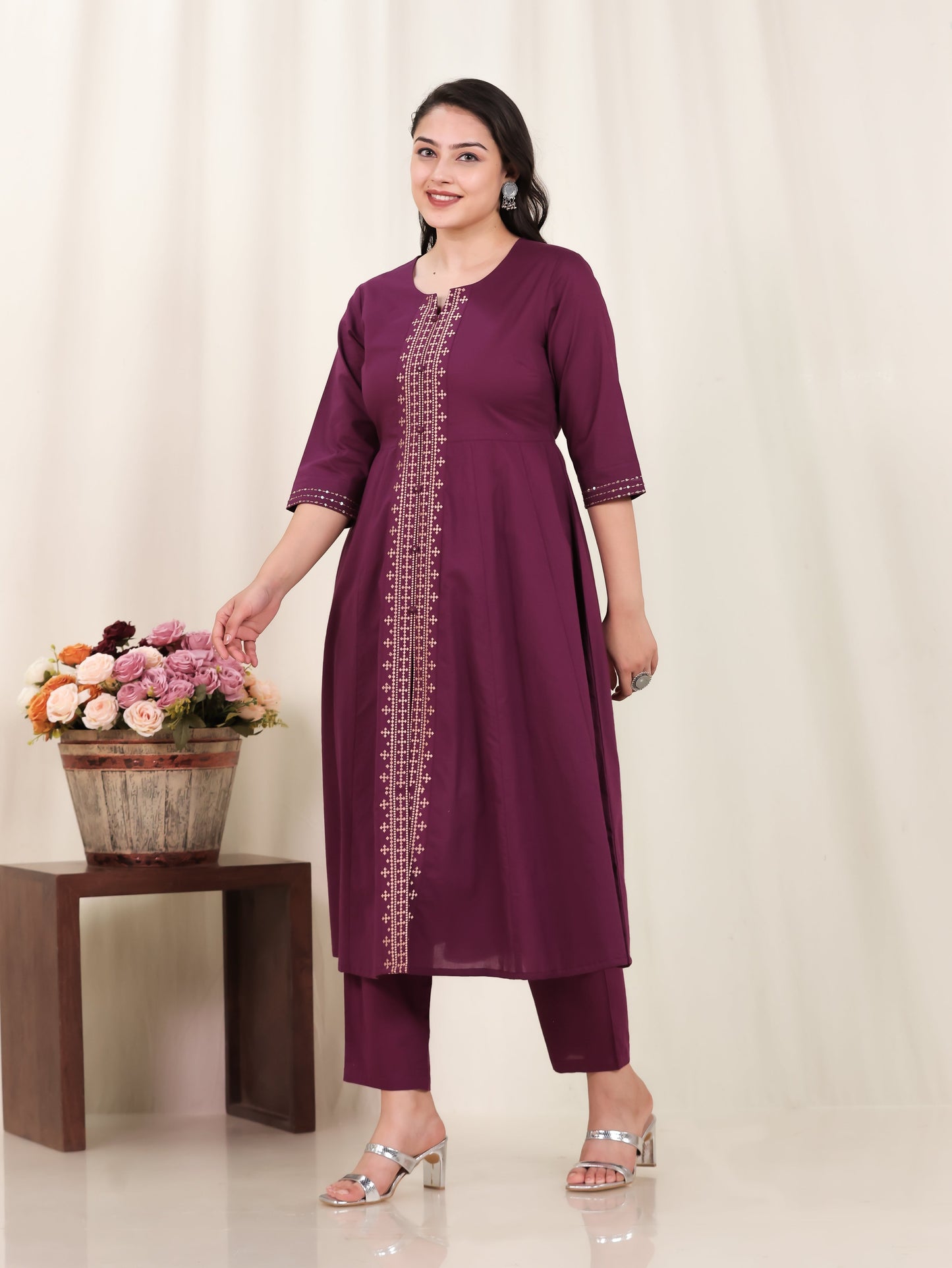 Embroidered Soft Cotton Solid Anarkali Purple Kurta
