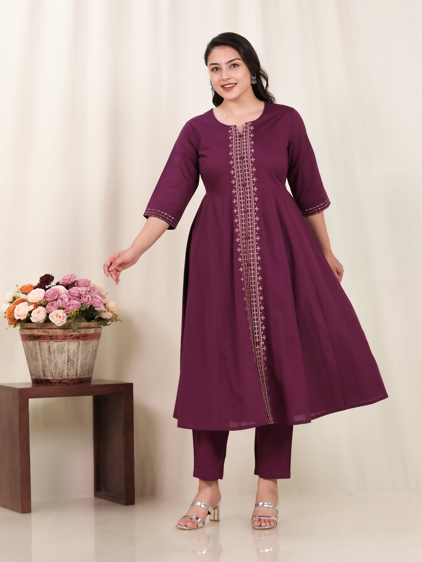 Embroidered Soft Cotton Solid Anarkali Purple Kurta