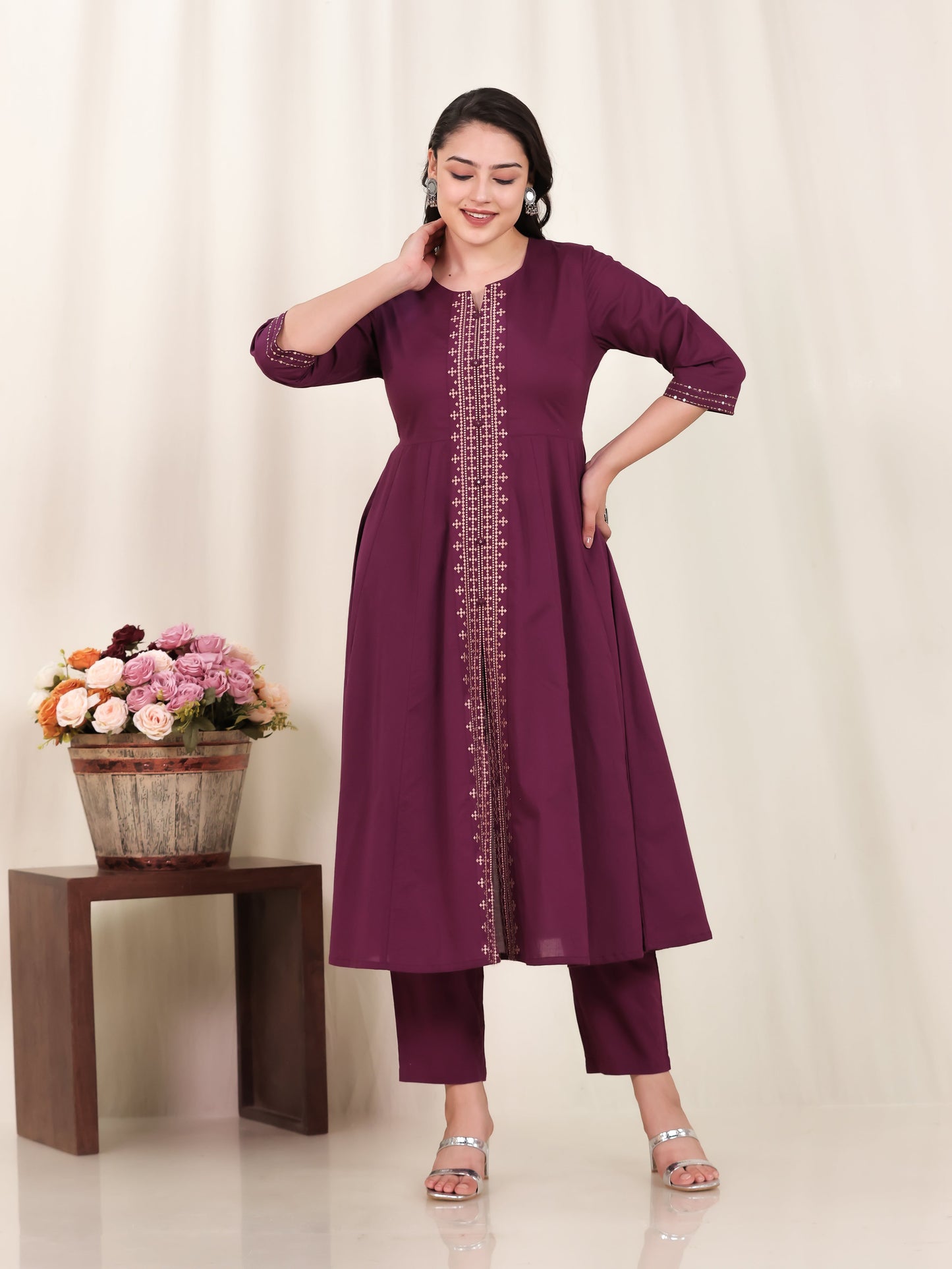Embroidered Soft Cotton Solid Anarkali Purple Kurta