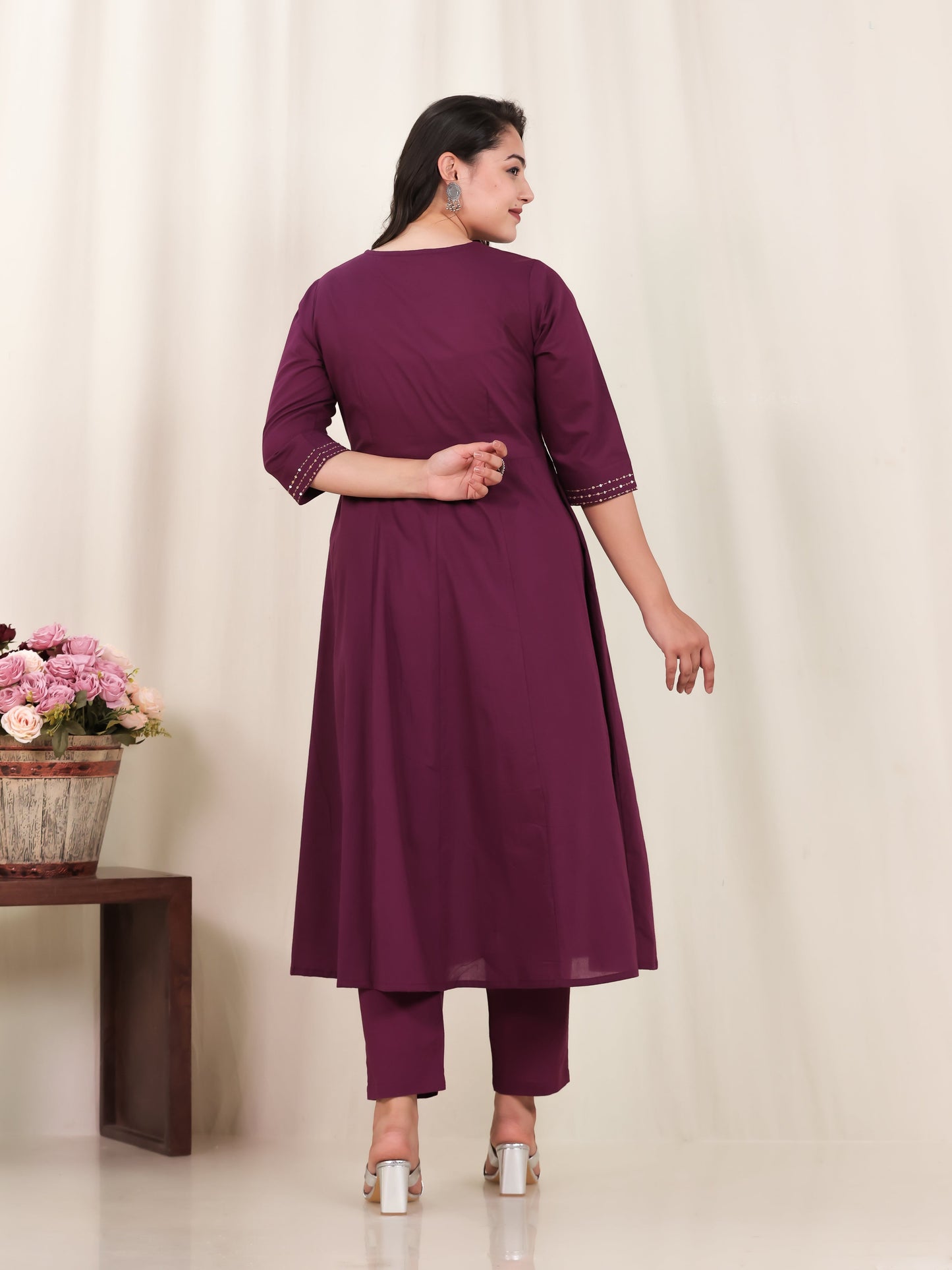 Embroidered Soft Cotton Solid Anarkali Purple Kurta