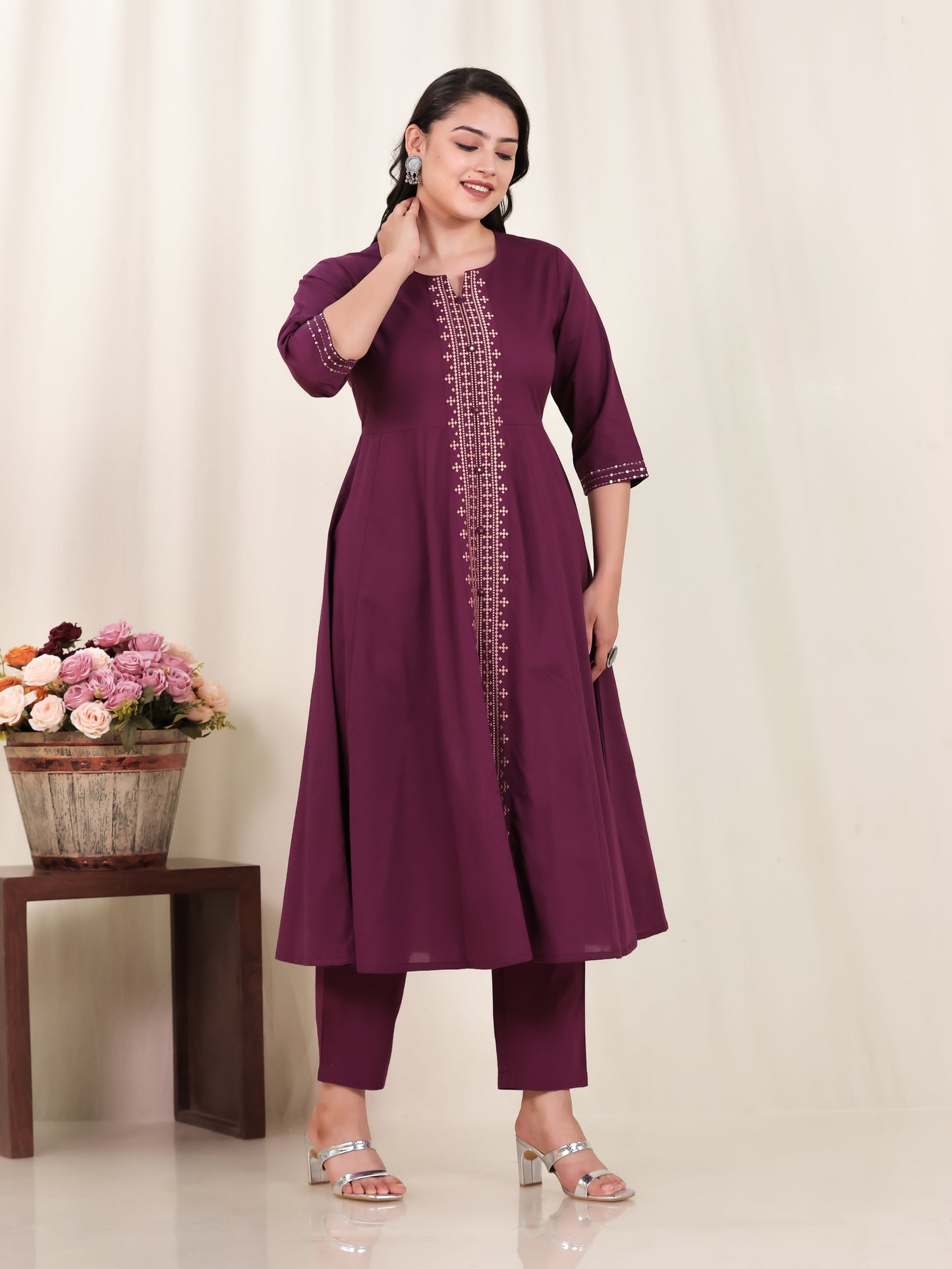 Embroidered Soft Cotton Solid Anarkali Purple Kurta