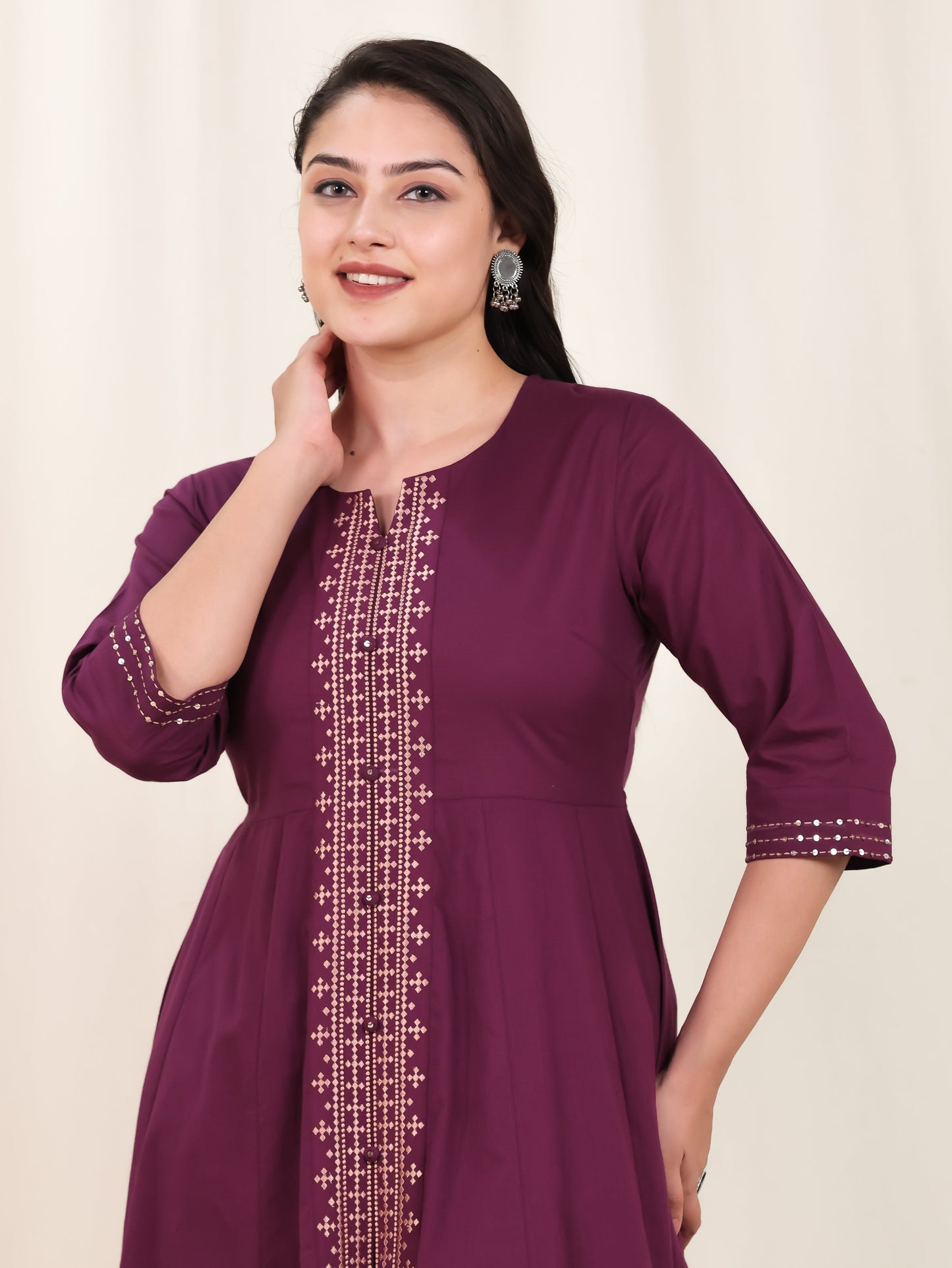Embroidered Soft Cotton Solid Anarkali Purple Kurta