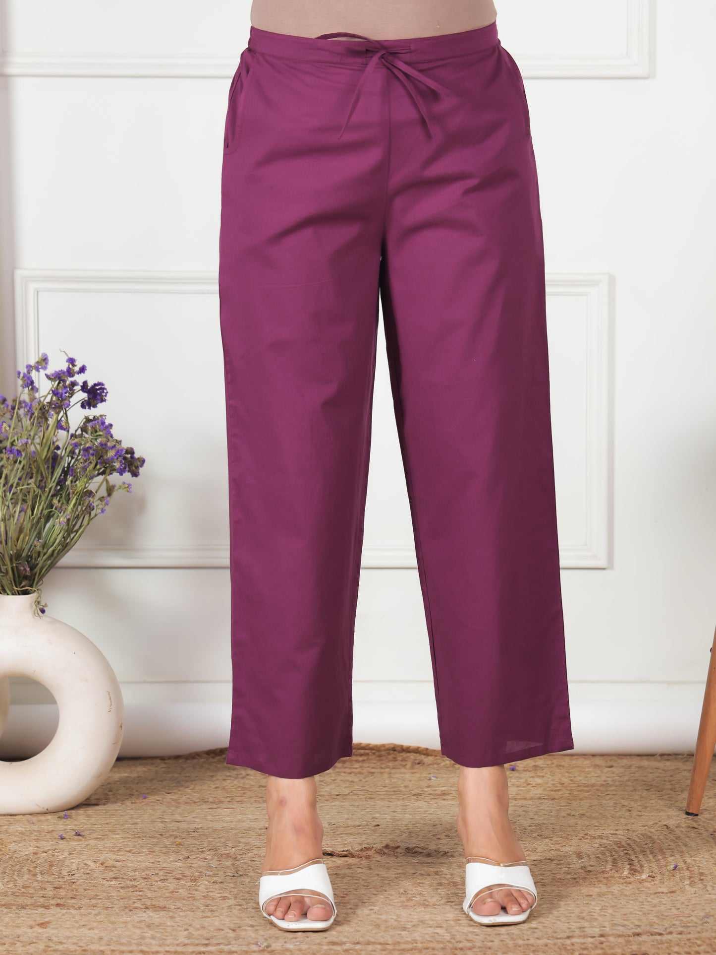 Embroidered Soft Cotton Solid Wine Straight Trousers