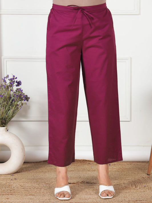 Embroidered Soft Cotton Solid Wine Straight Trousers