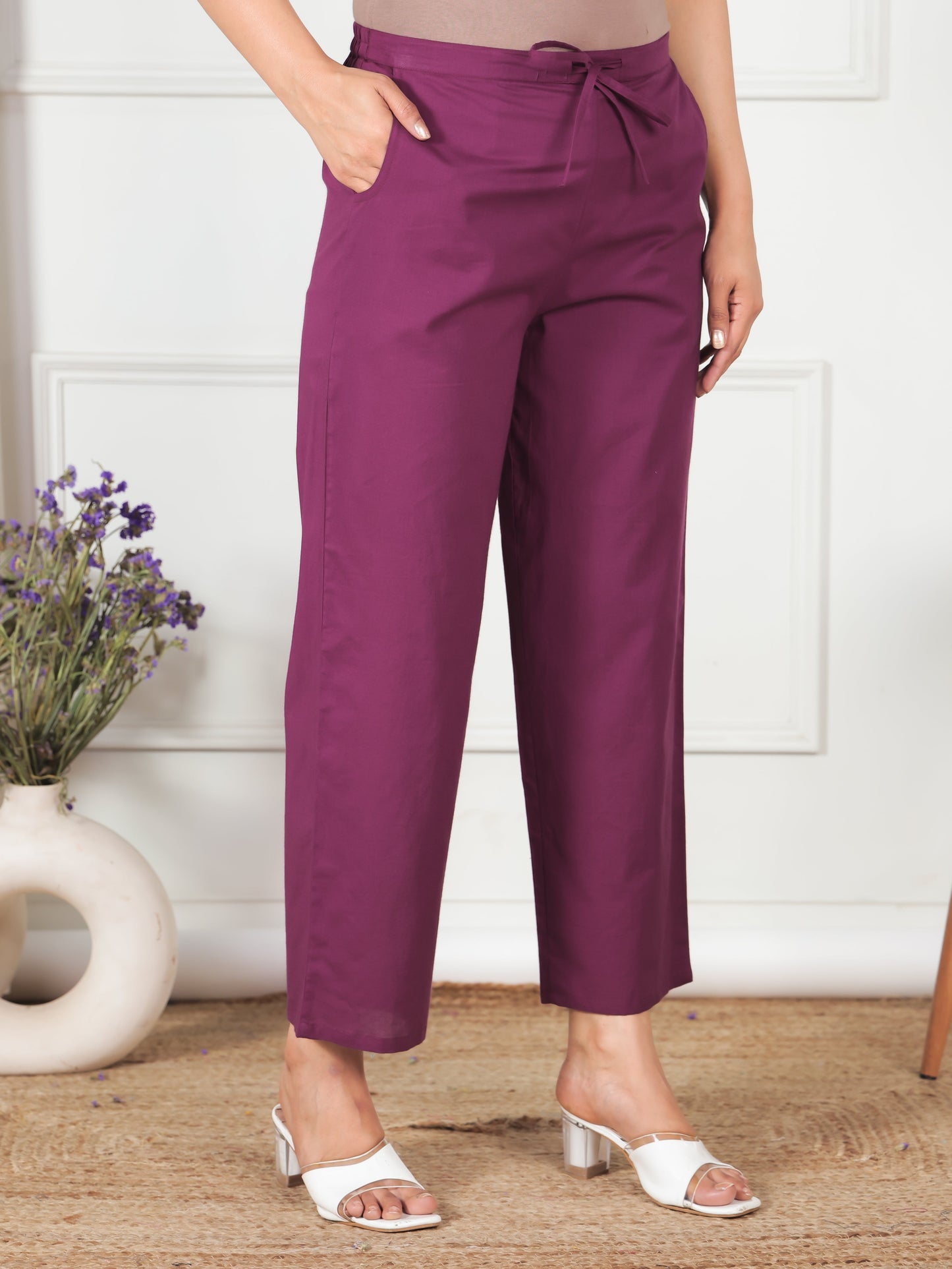 Embroidered Soft Cotton Solid Wine Straight Trousers