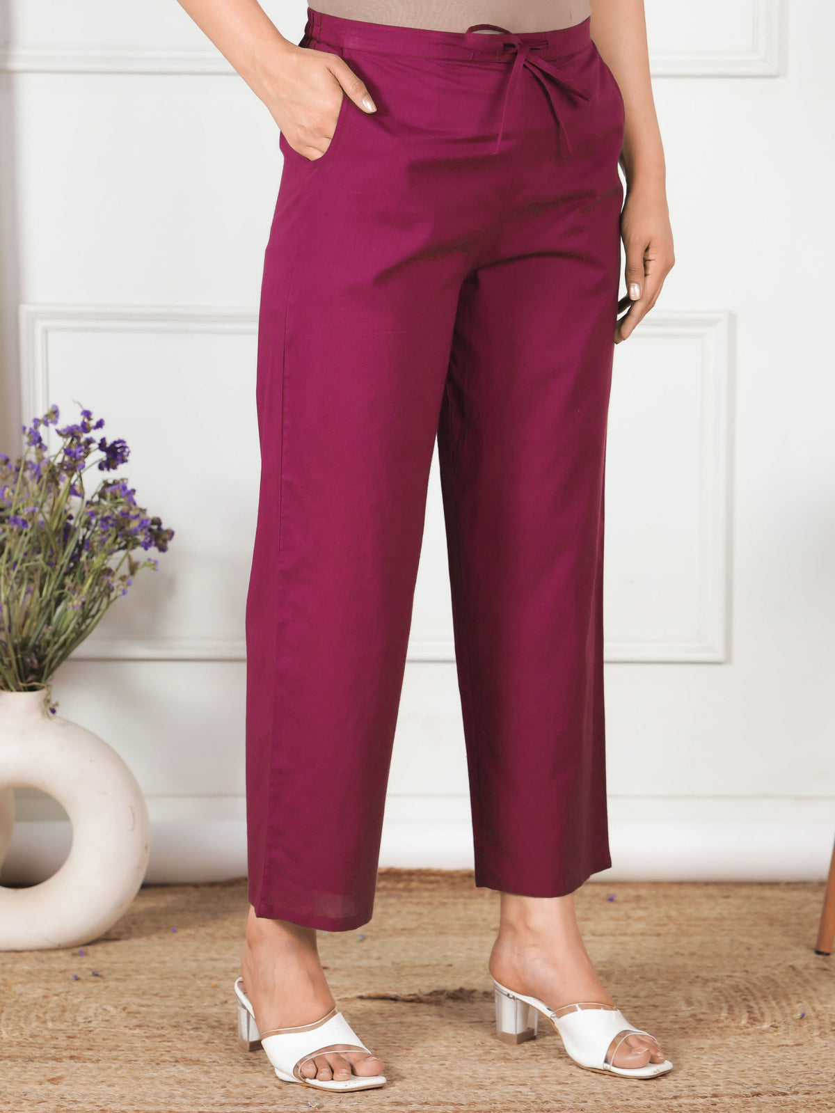 Embroidered Soft Cotton Solid Wine Straight Trousers